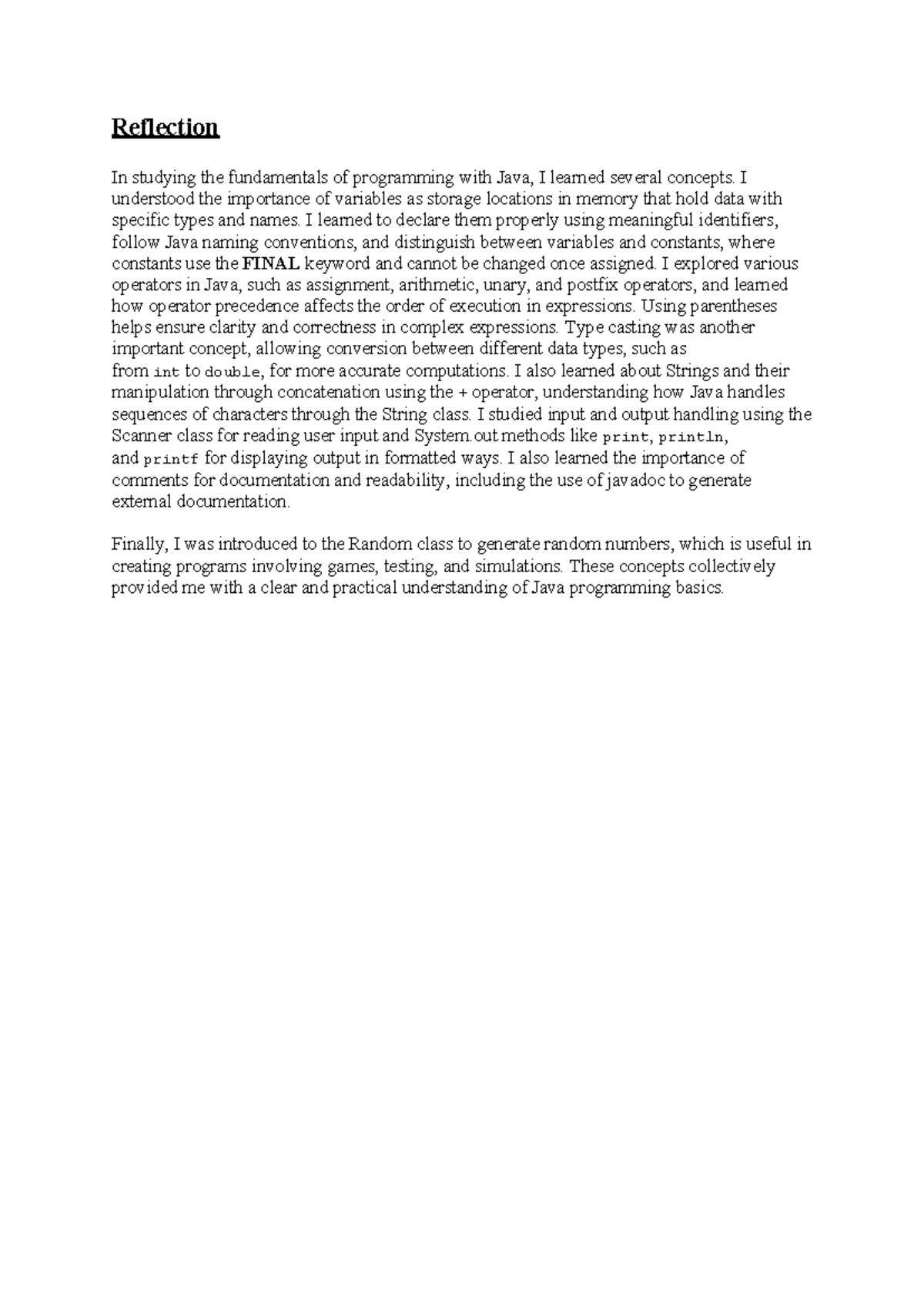 Reflection on Java Programming Fundamentals - COMP 101 - Studocu