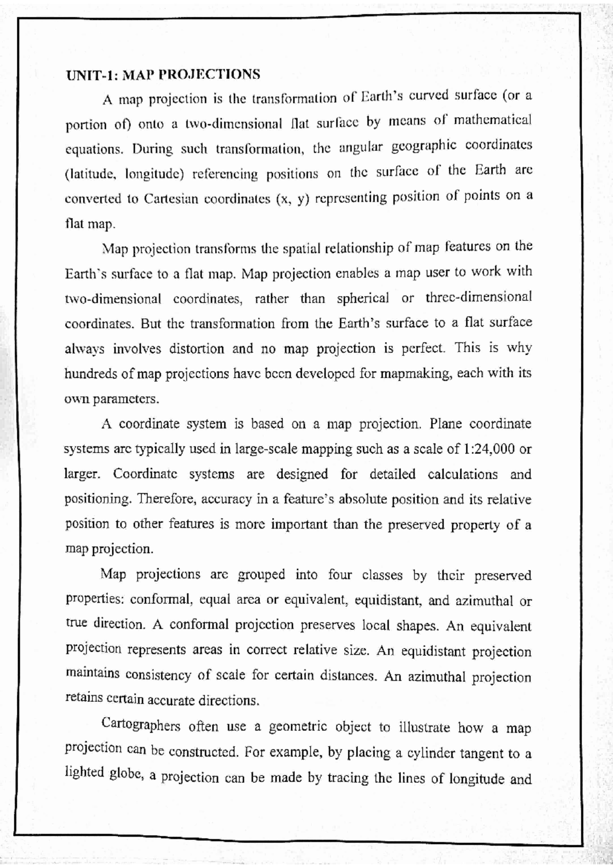 GIS-UNIT 1&2 - notes - MAP PROJECTIONS A map projection is the ...