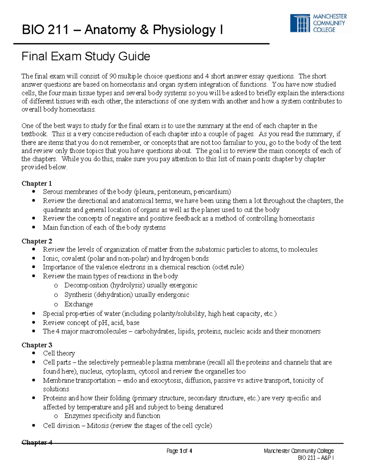 BIO 211 Anatomy & Physiology I Final Exam Study Guide - Studocu