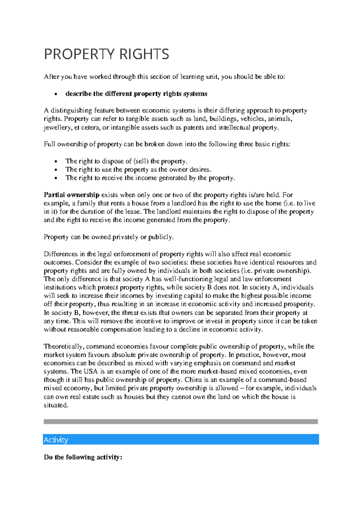 003ecs1501 Property Rights: Economic Systems Discussion Notes - Studocu