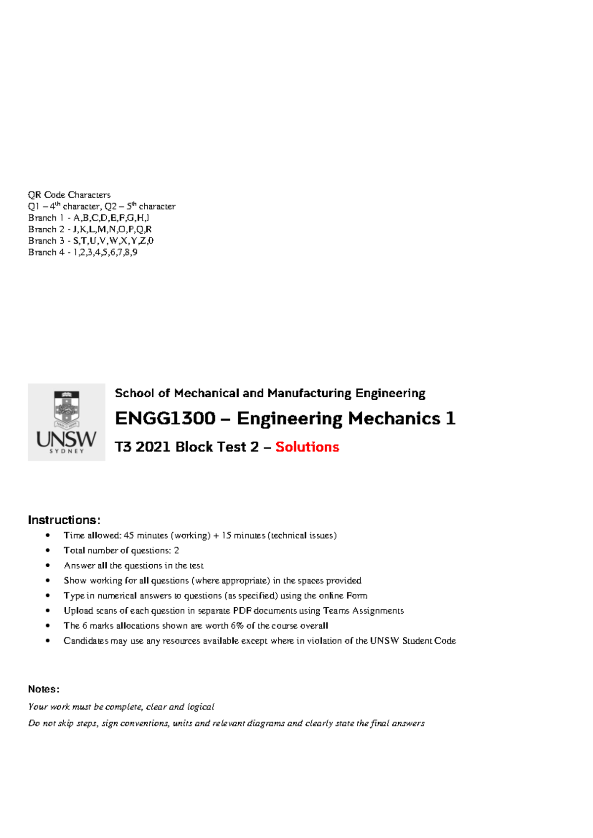 QR Code Characters Q1 & Q2 Solutions for Course Code 2021 - Studocu