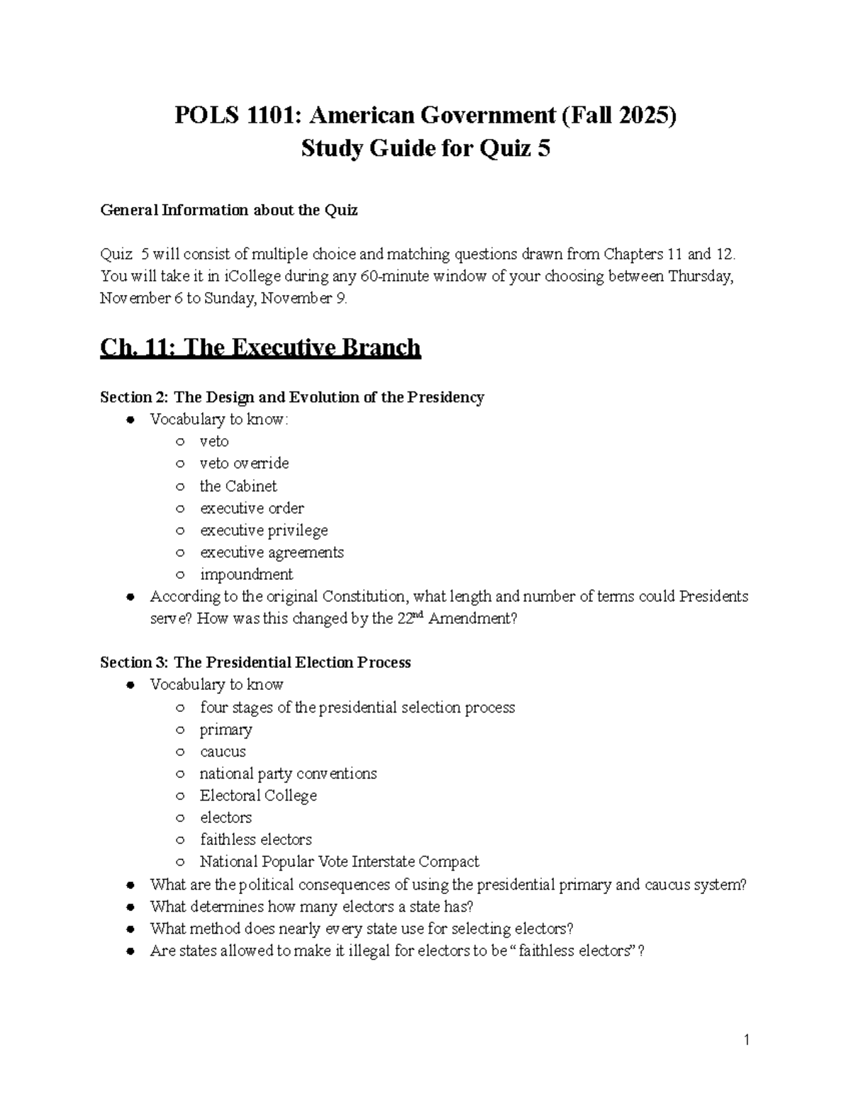 POLS 1101: Quiz 5 Study Guide for Chapters 11 & 12 Overview - Studocu