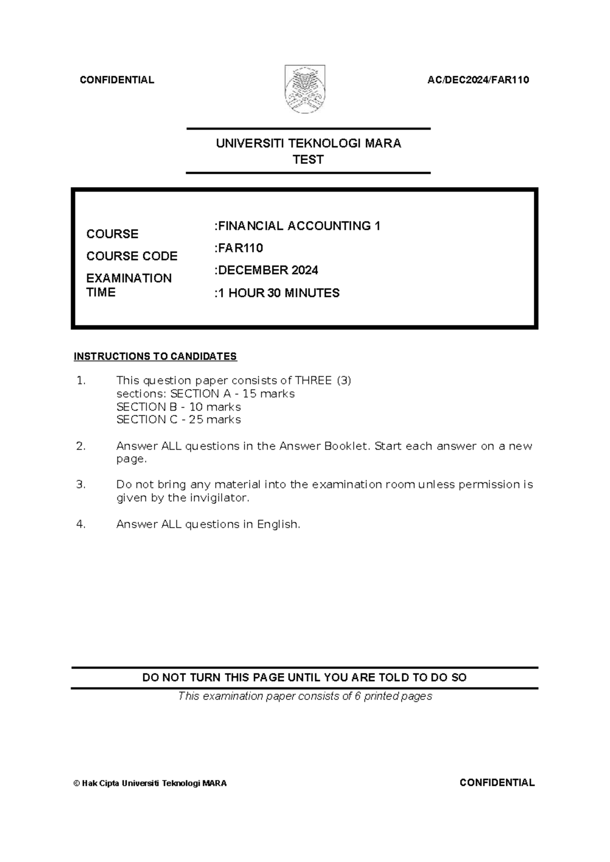 FAR110 Financial Accounting 1 Test - December 2024 Exam Paper - Studocu