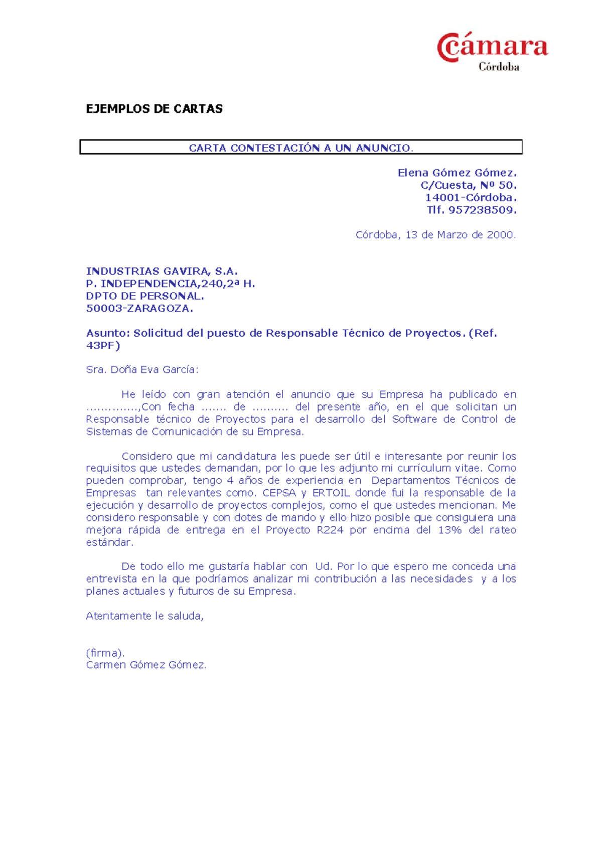 Modelo De Carta De Anuncio