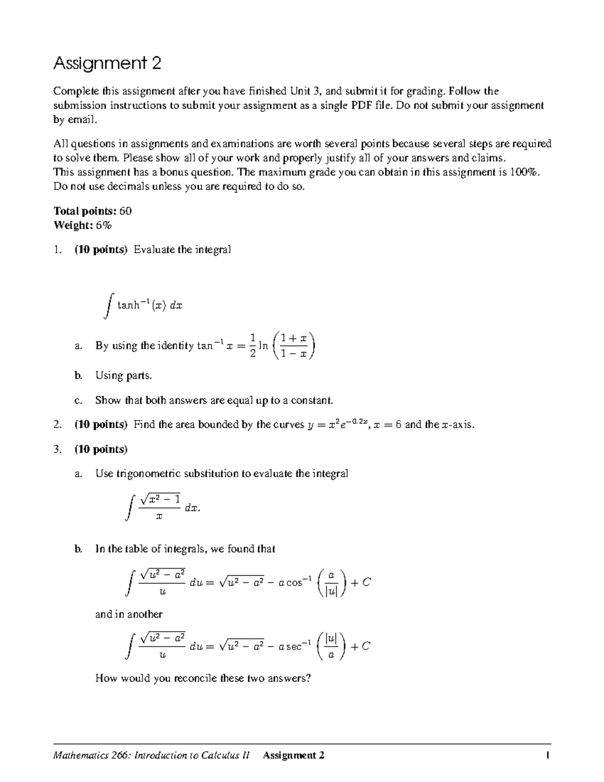 Mathematics 266: Intro to Calculus II - Assignment 3 Guidelines - Studocu