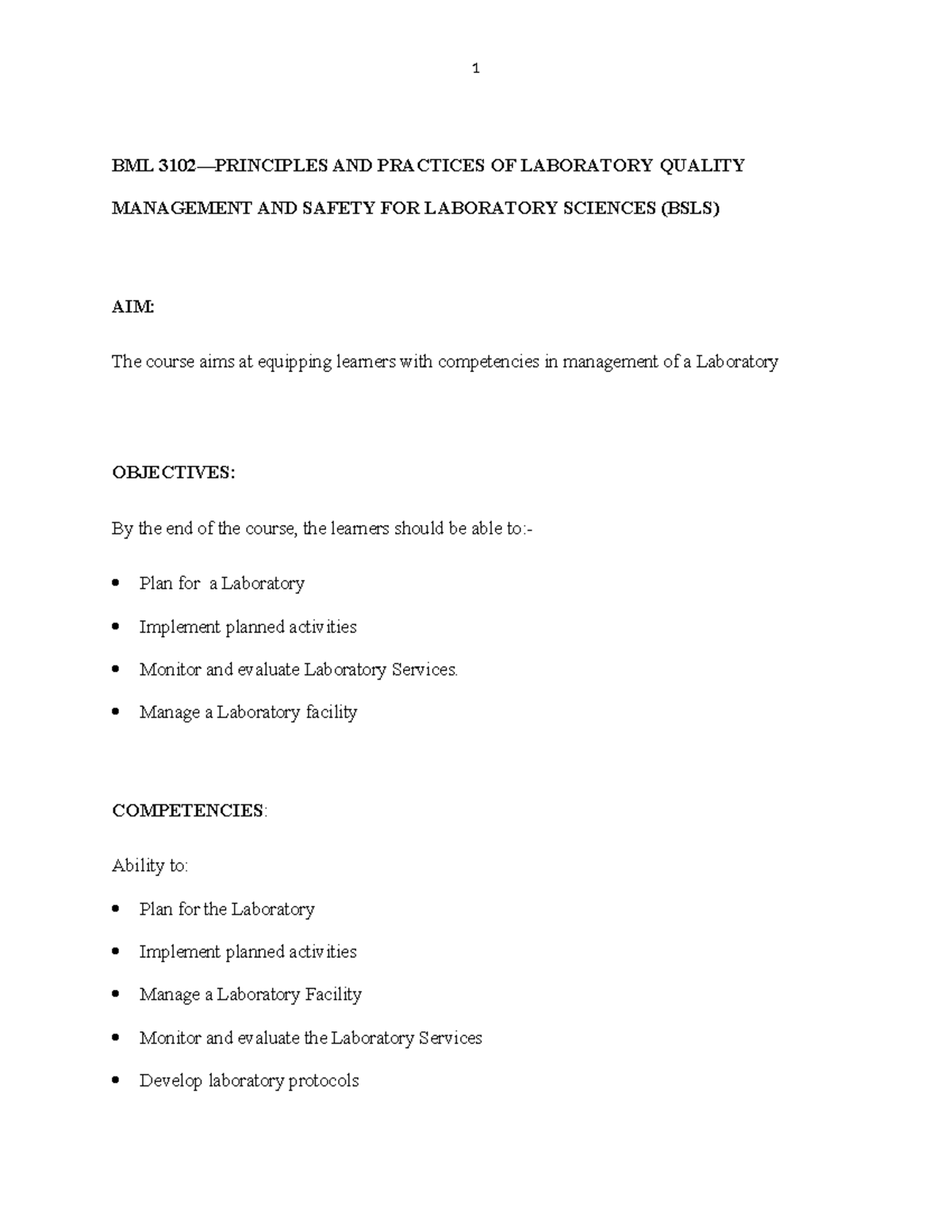 BML 3102 Principles of Quality Lab Management for Laboratory Sciences ...