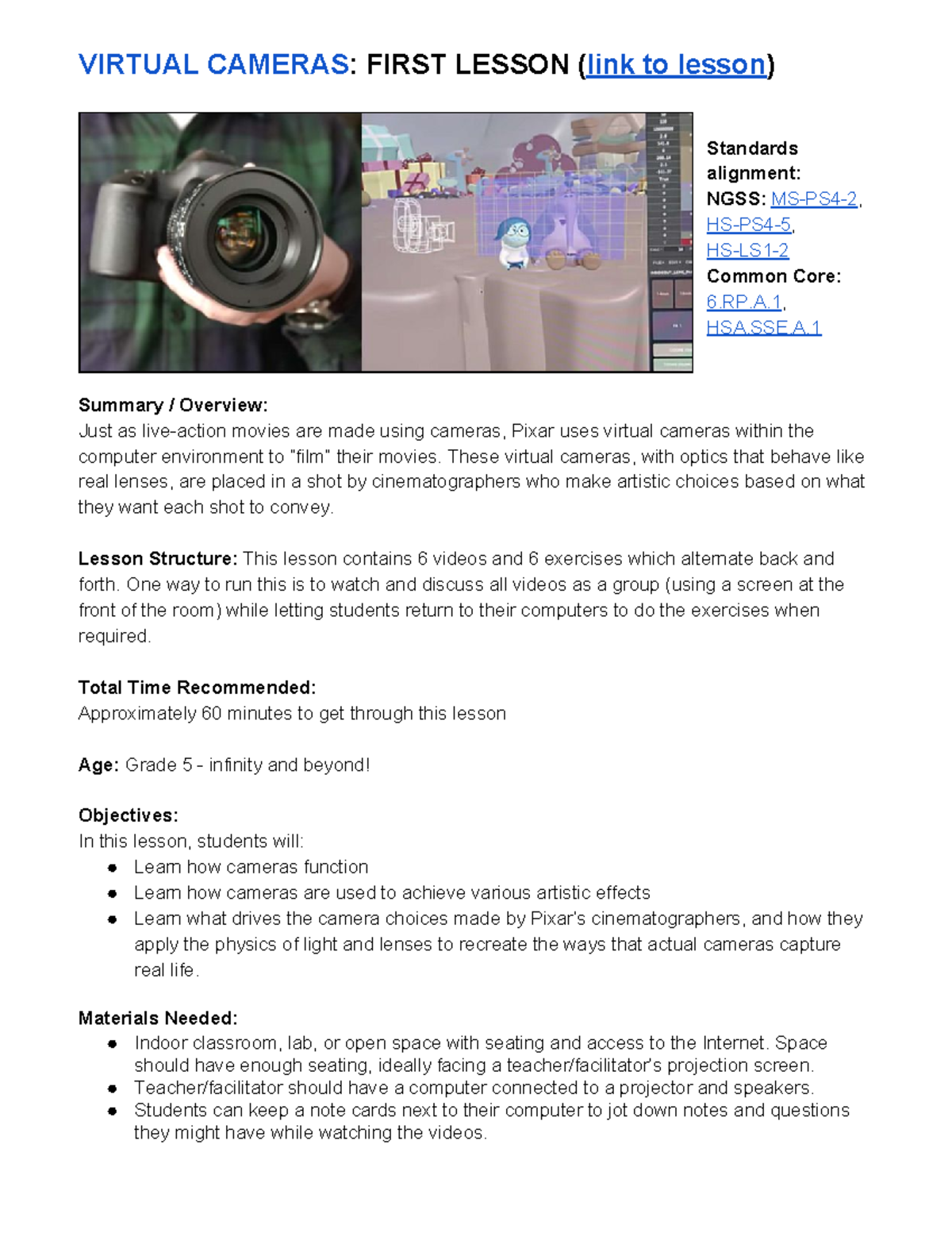 ED+ Virtual Cameras - Lesson 1 Overview and Activities Guide - Studocu