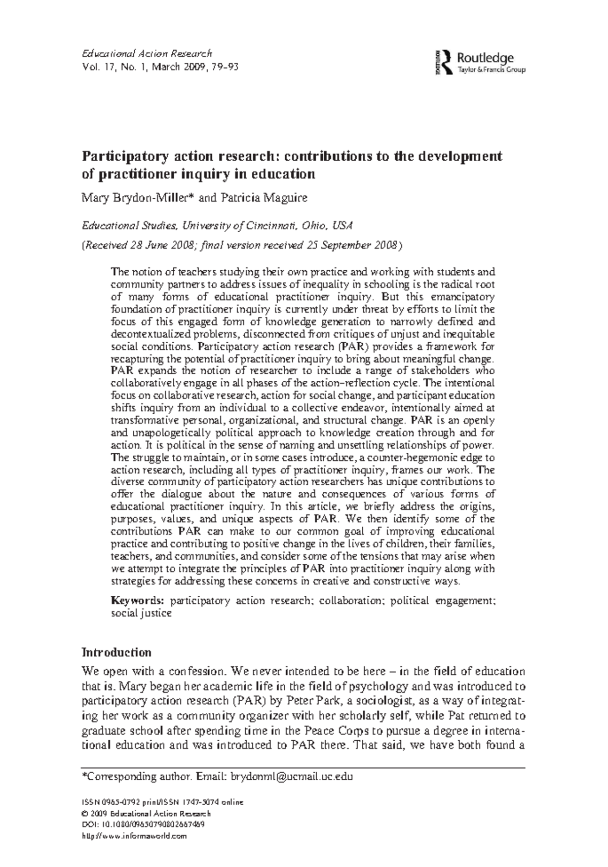 Contributions of Participatory Action Research (PAR) to Educational ...