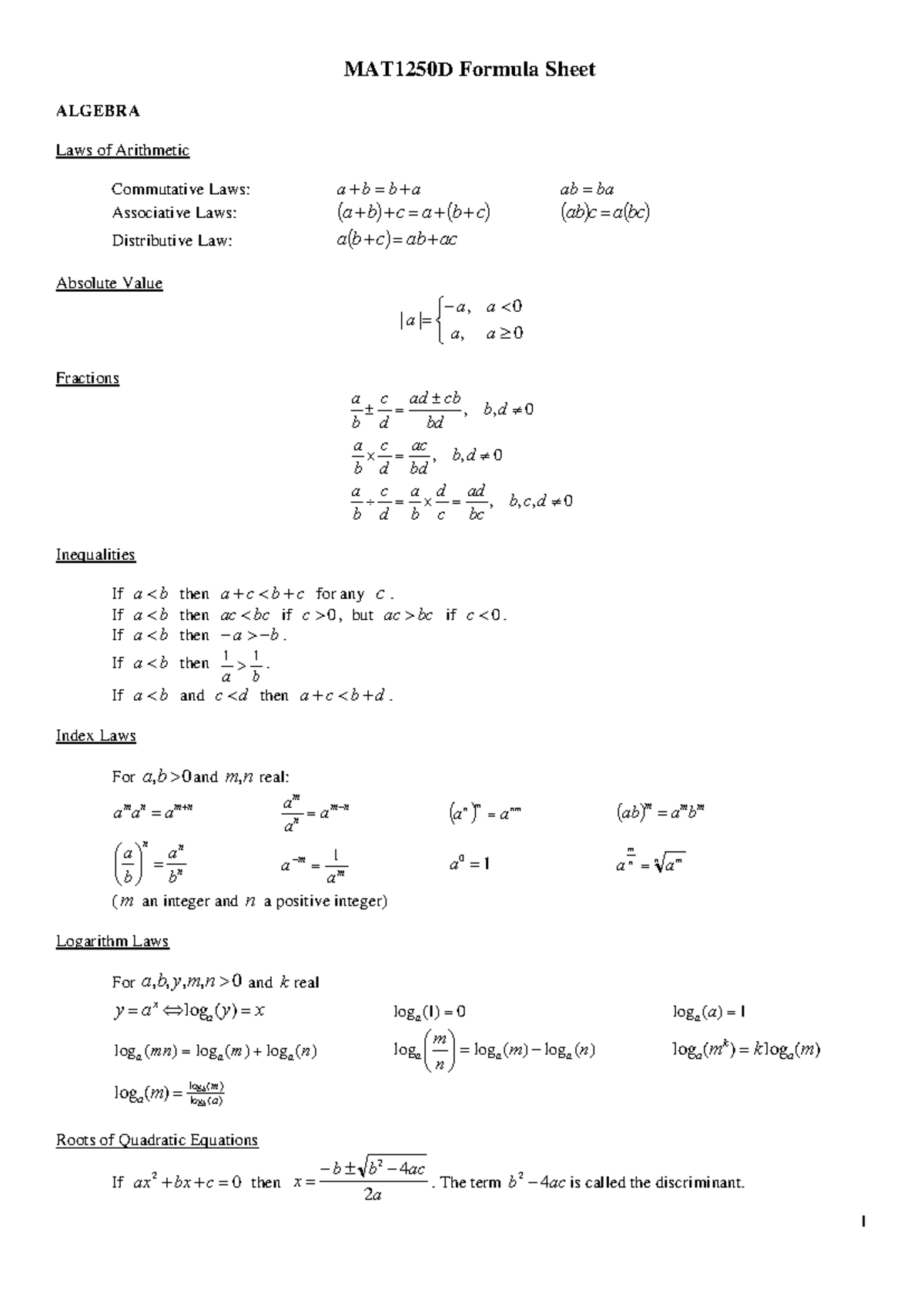 MAT1250D Final Exam Mathematics Formula Sheet - Studocu
