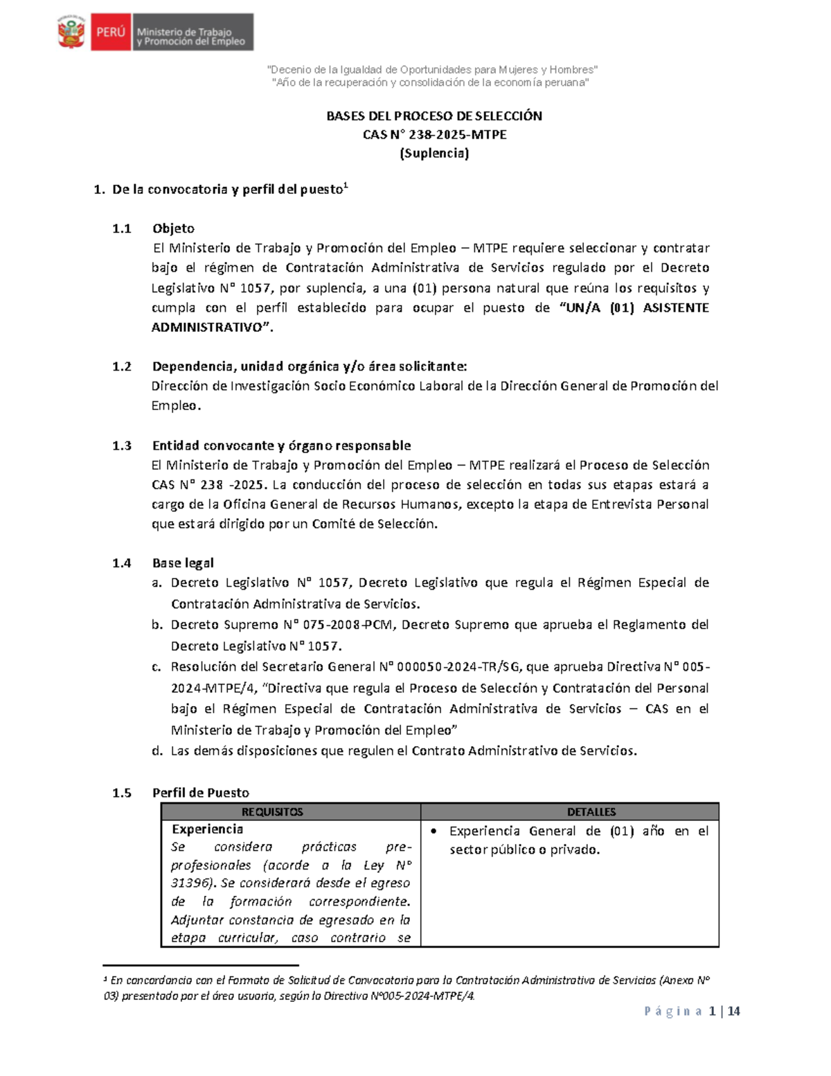 Bases del Proceso de Selección CAS 238/2025 para Asistente en MTPE ...