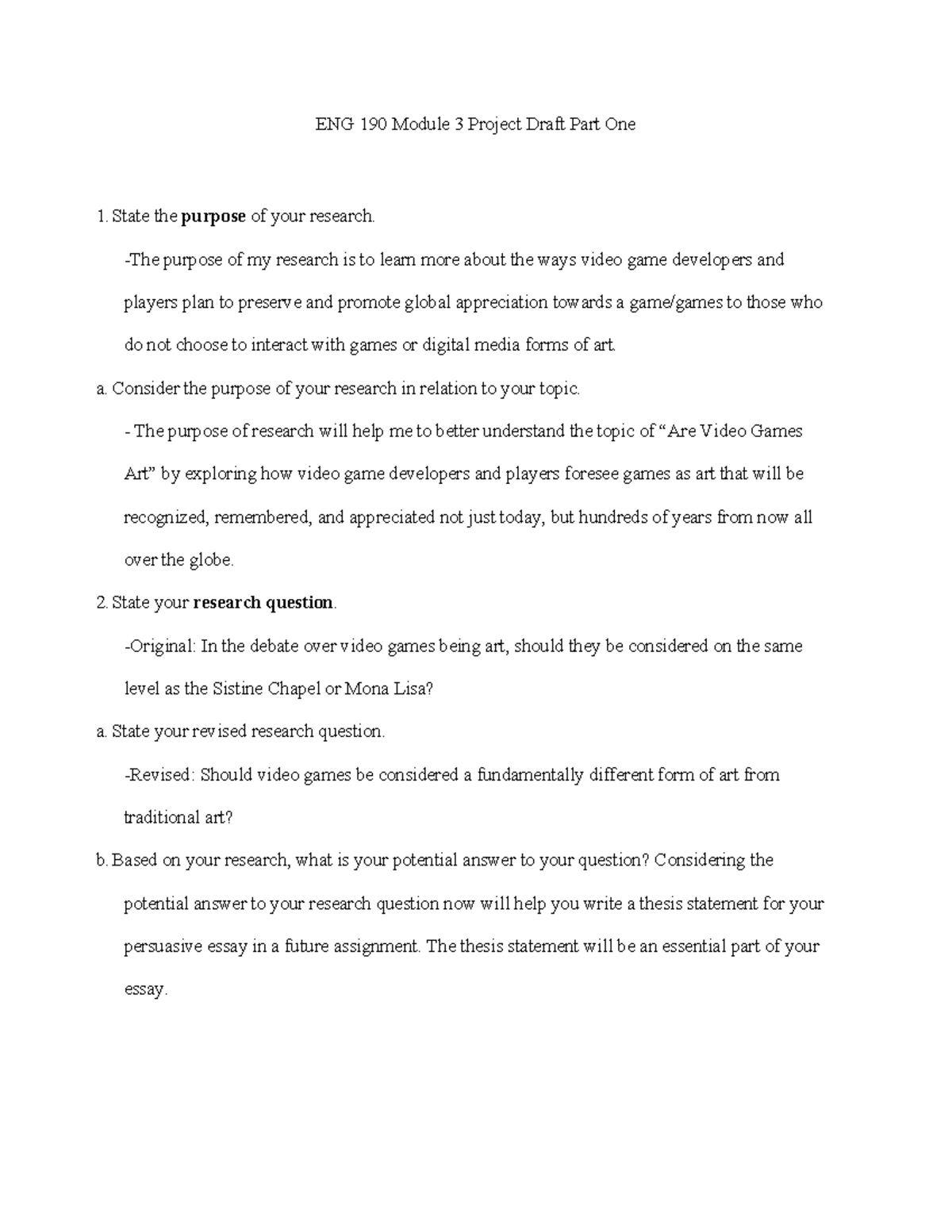 ENG 190 Module 3 Project Draft: Exploring Video Games as Art - Studocu