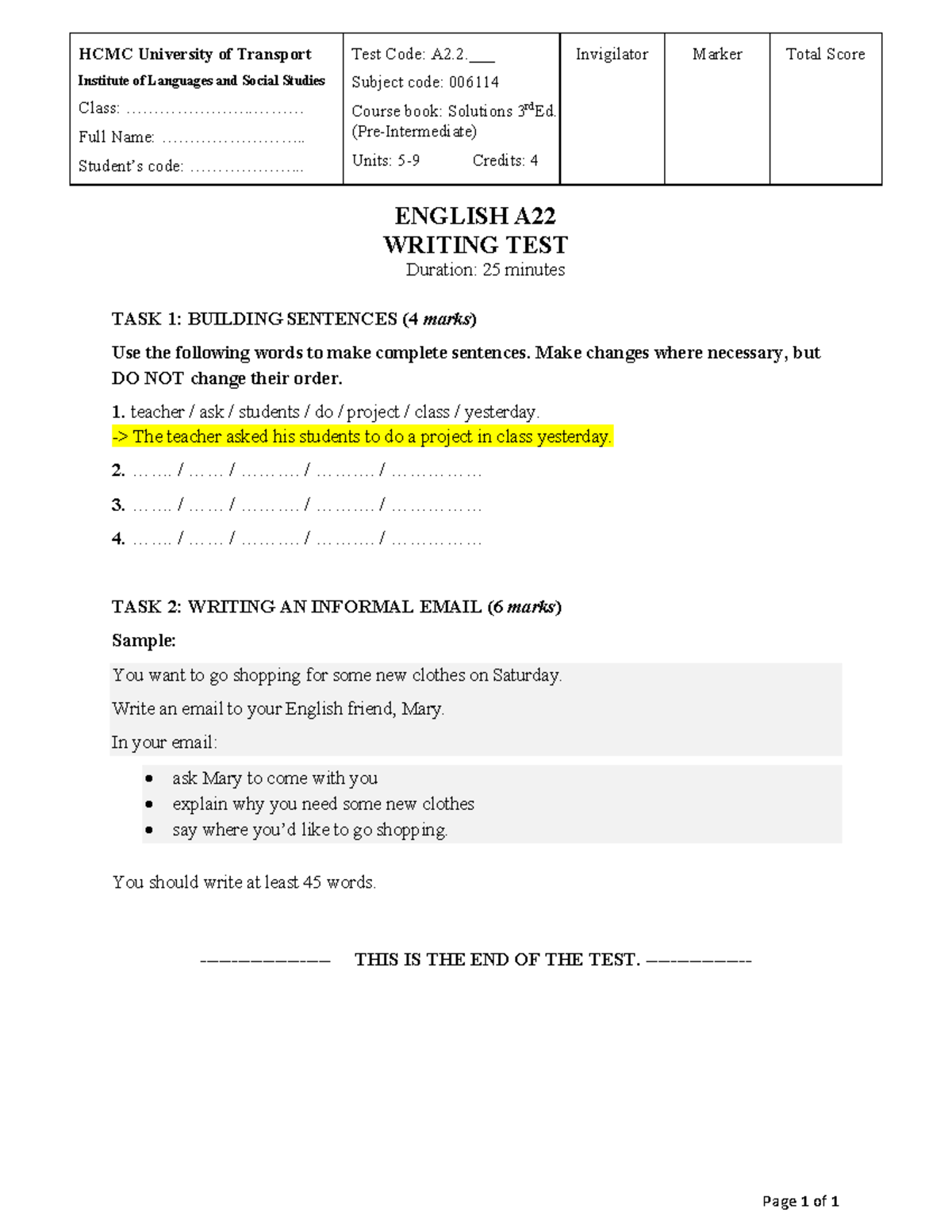 English A2.2 - Writing Test Format Overview (25%) - Studocu