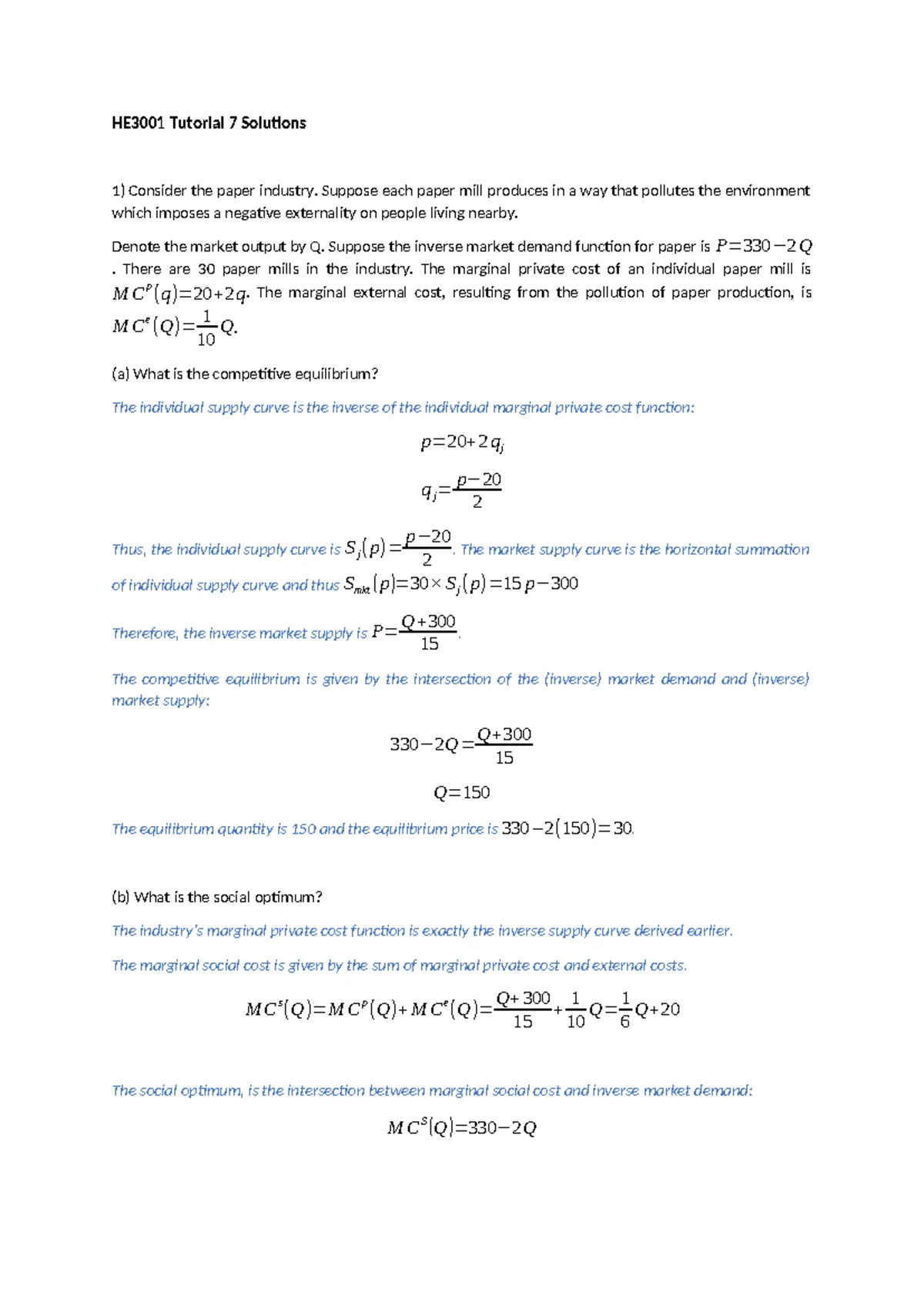 Tutorial 8 Solutions - answers - HE3001 Tutorial 8 Solutions 1 ...