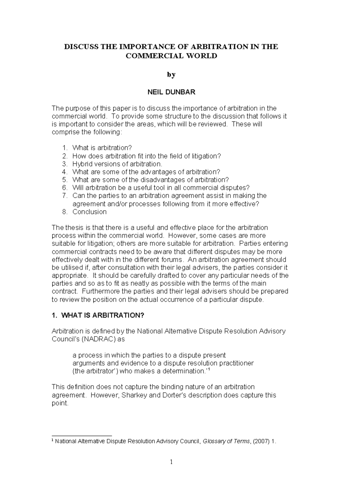 Arbitration essay - example - DISCUSS THE IMPORTANCE OF ARBITRATION IN ...