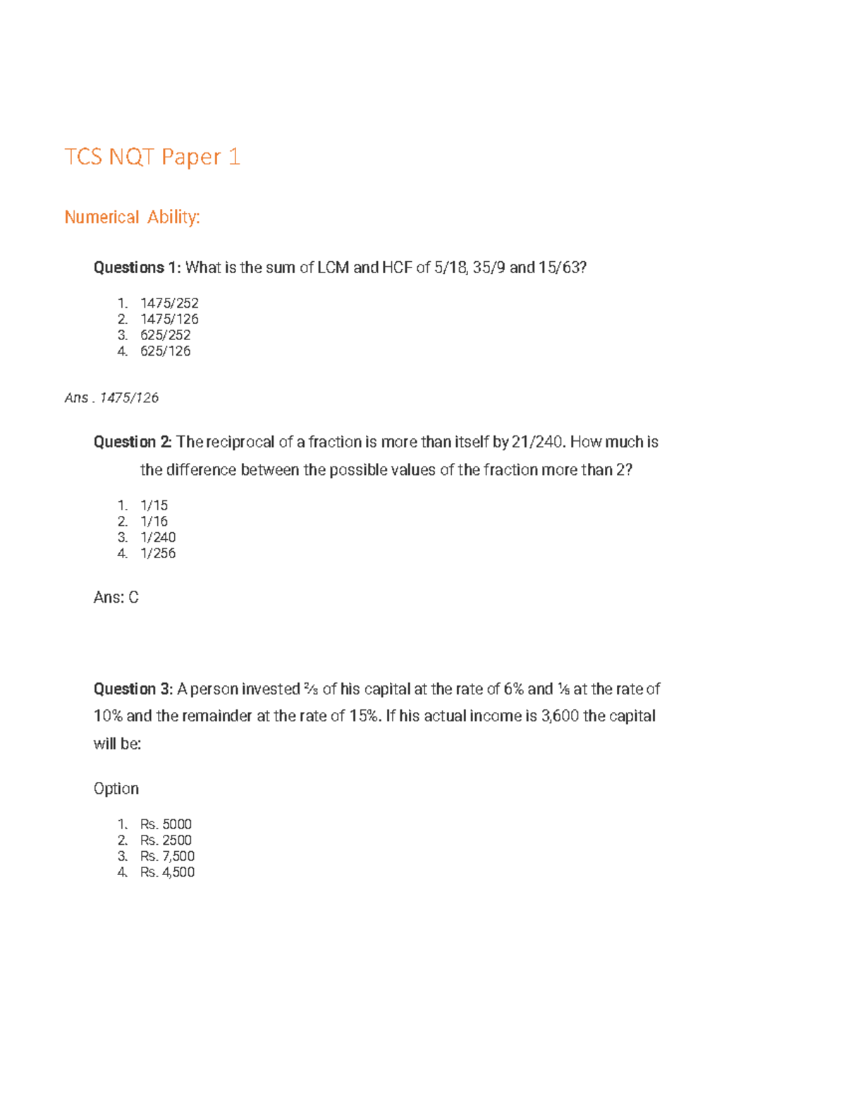 TCS NQT Paper 1: Numerical Ability Practice Questions - Studocu