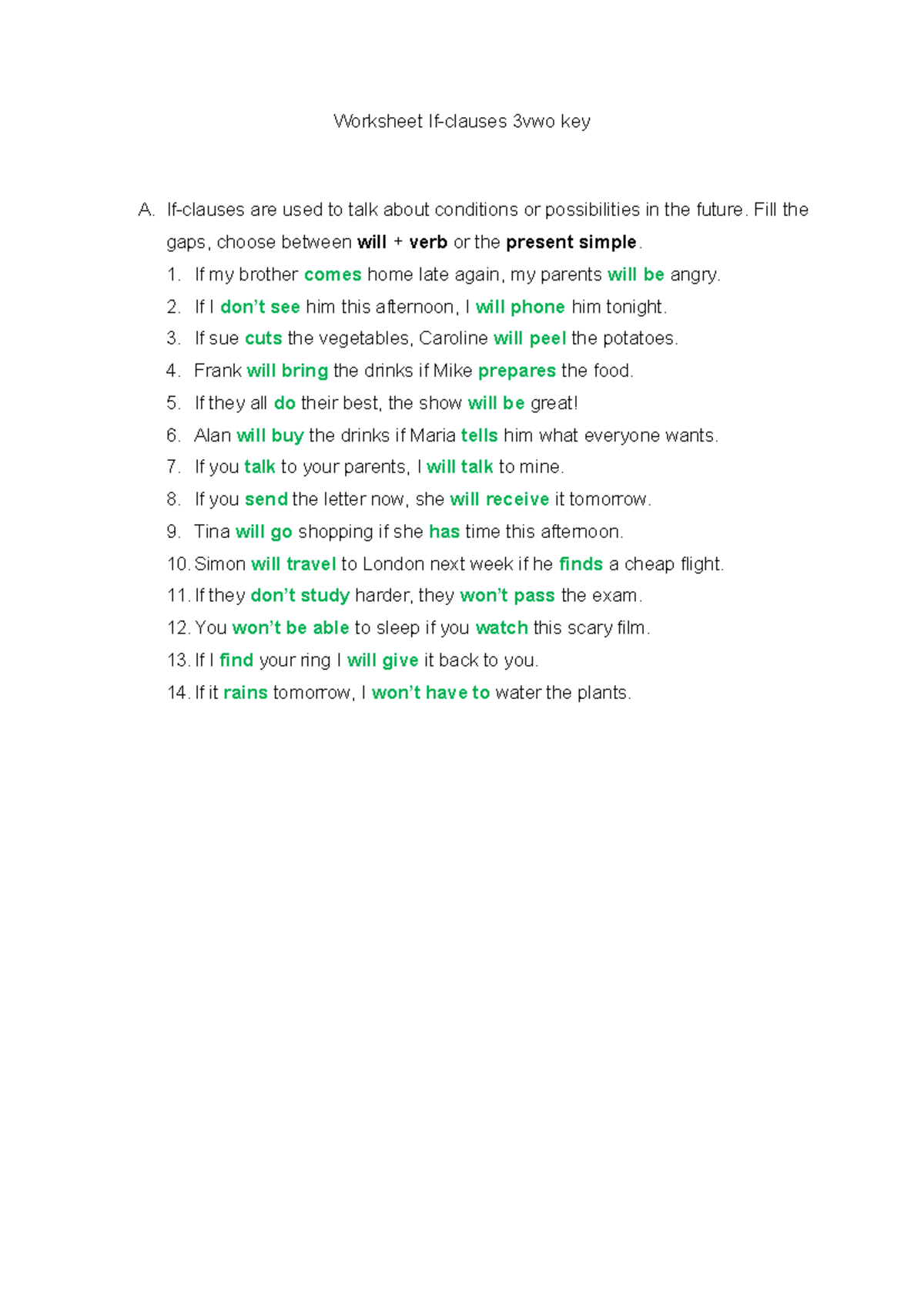 Worksheet: If Clauses Key for 3VWO Students - Studeersnel
