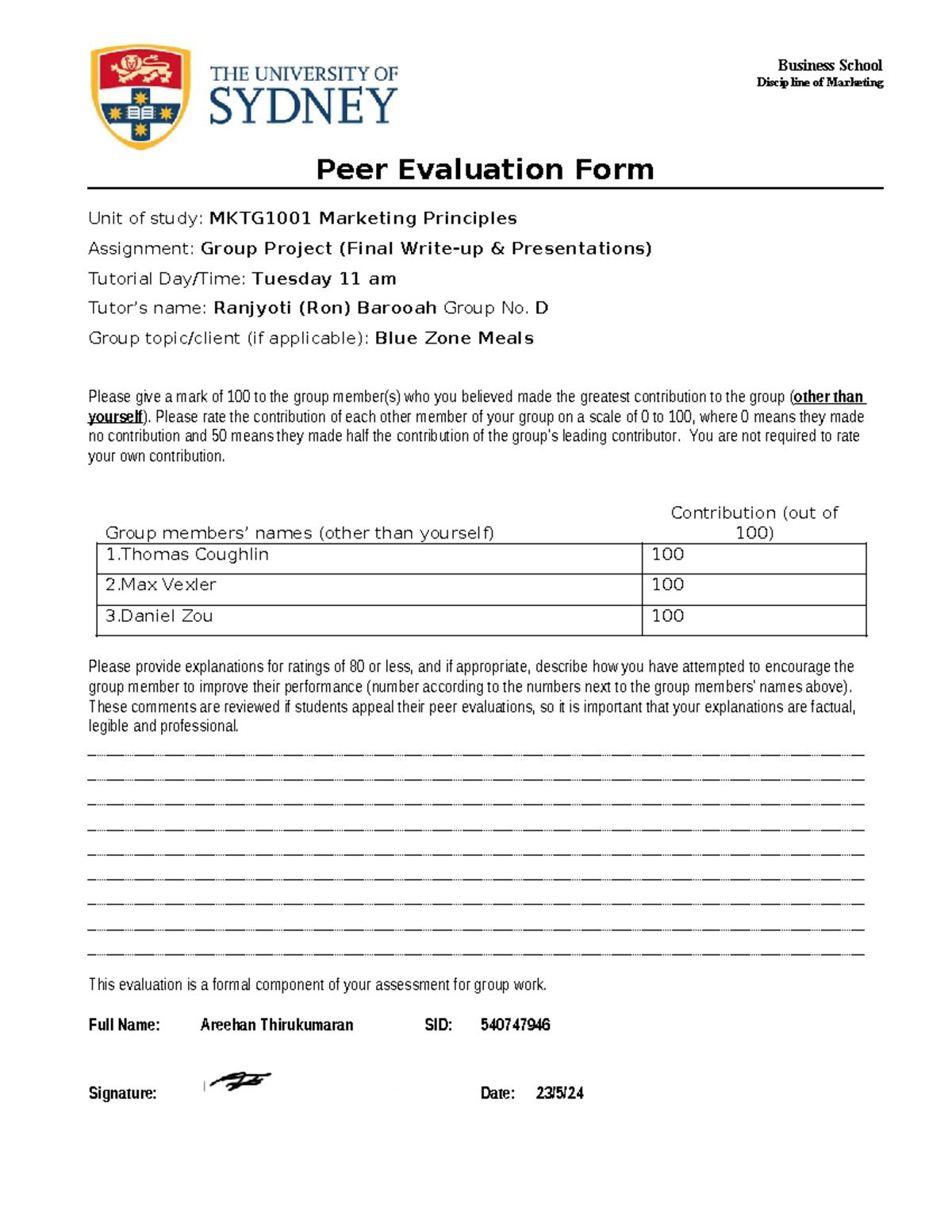 MKTG1001 Marketing Principles Group Project Peer Evaluation Form - Studocu