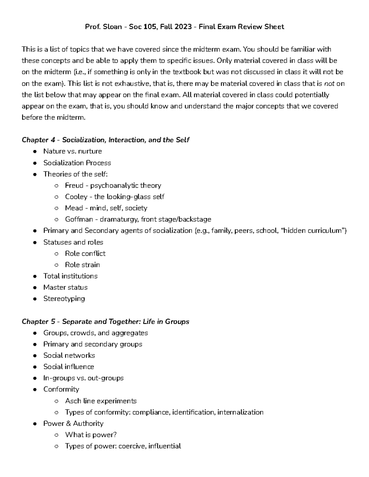 F23 Soc 105 Final Exam Review: Key Topics & Concepts - Studocu