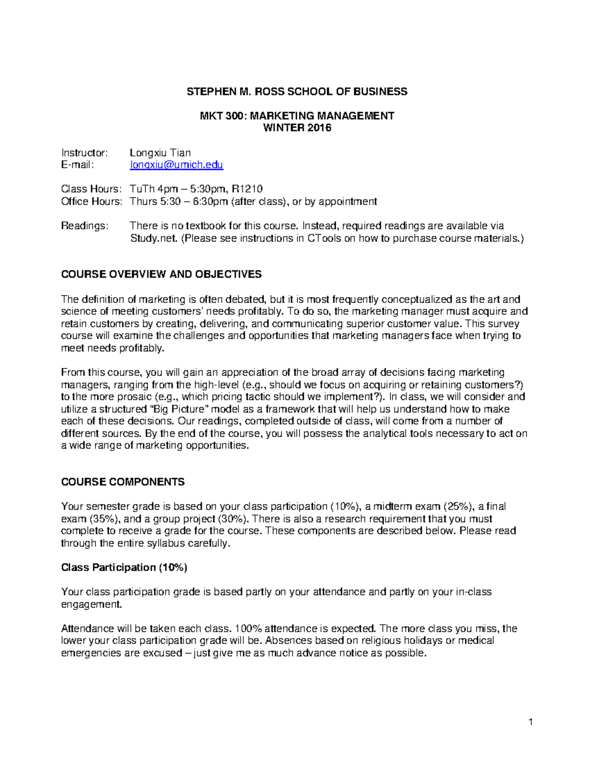 MKT300 Winter 2016 Course Syllabus and Overview of Marketing Management ...