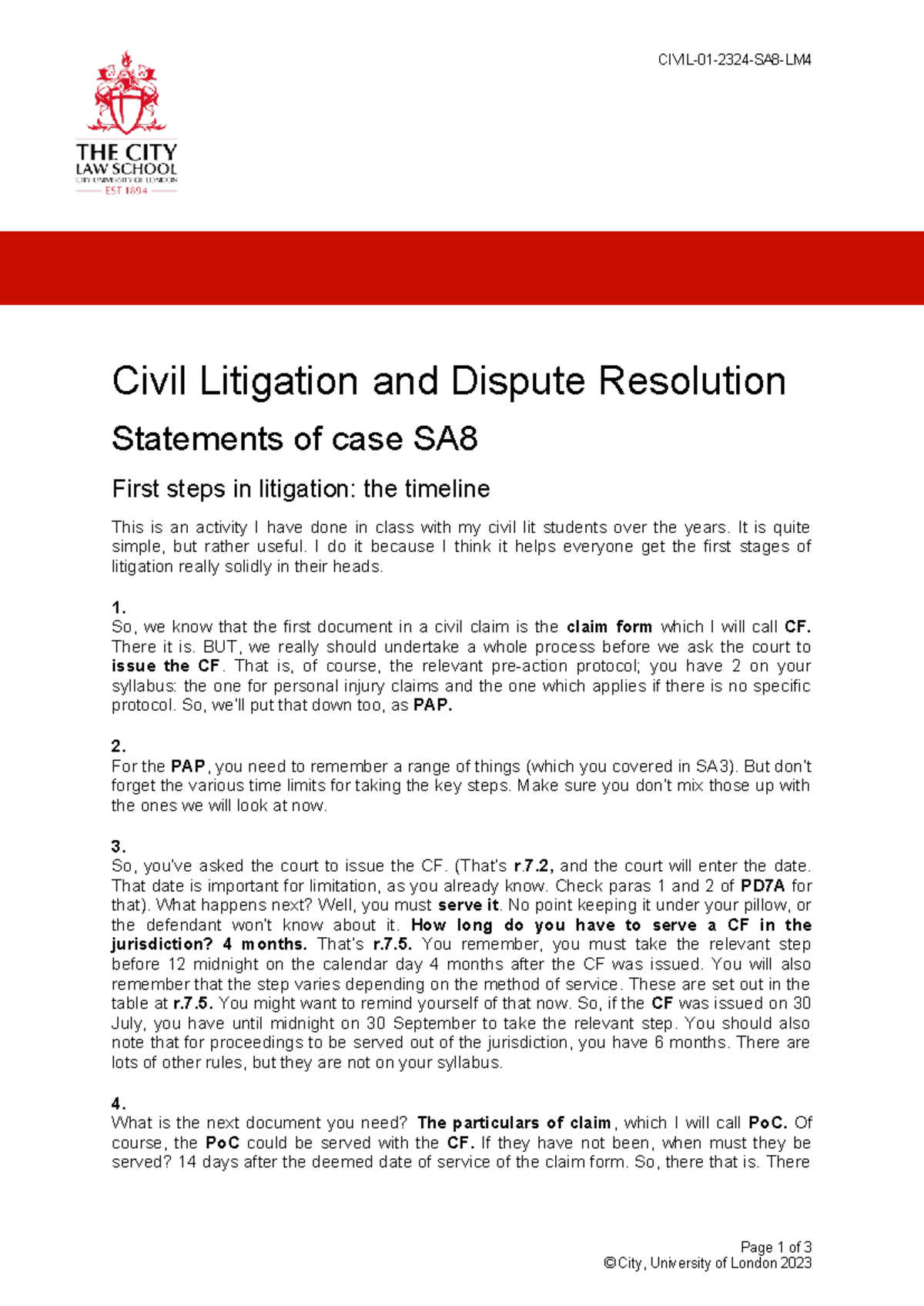 Timeline for statements of case - CIVIL-01-2324-SA8-LM Civil Litigation ...