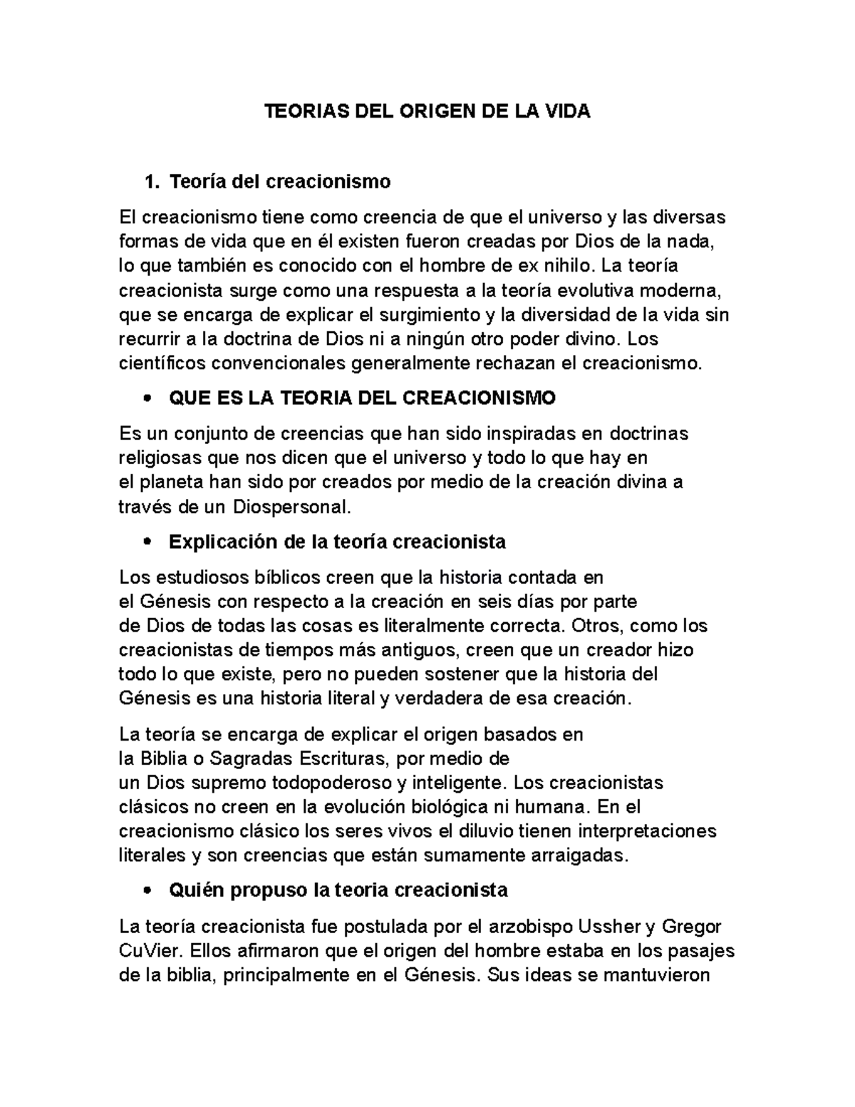 Investigacion - TEORIAS DEL ORIGEN DE LA VIDA 1. Teoría del ...