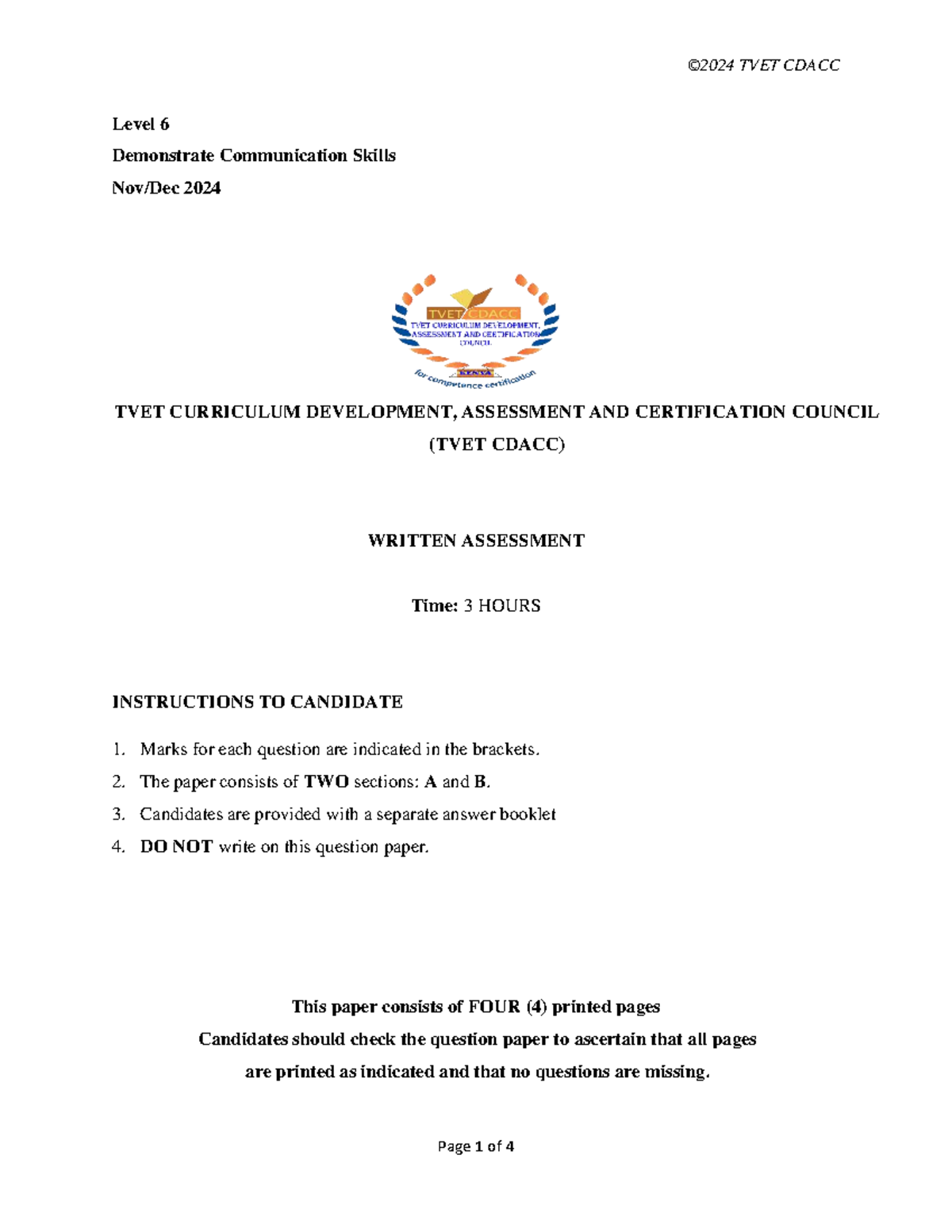 TVET CDACC Level 6 Communication Skills Written Assessment 2024 - Studocu