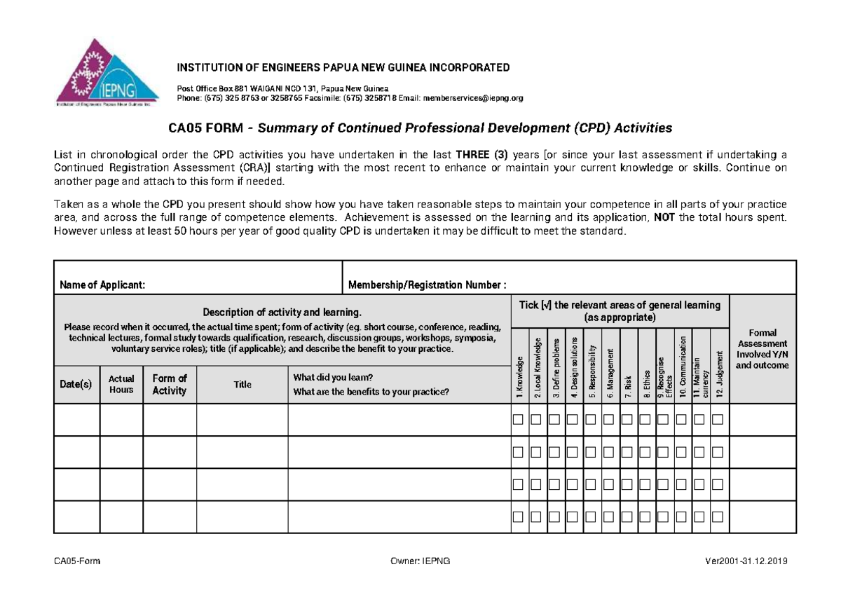 CA05 FORM - Summary of CPD Activities for Continued Registration - Studocu