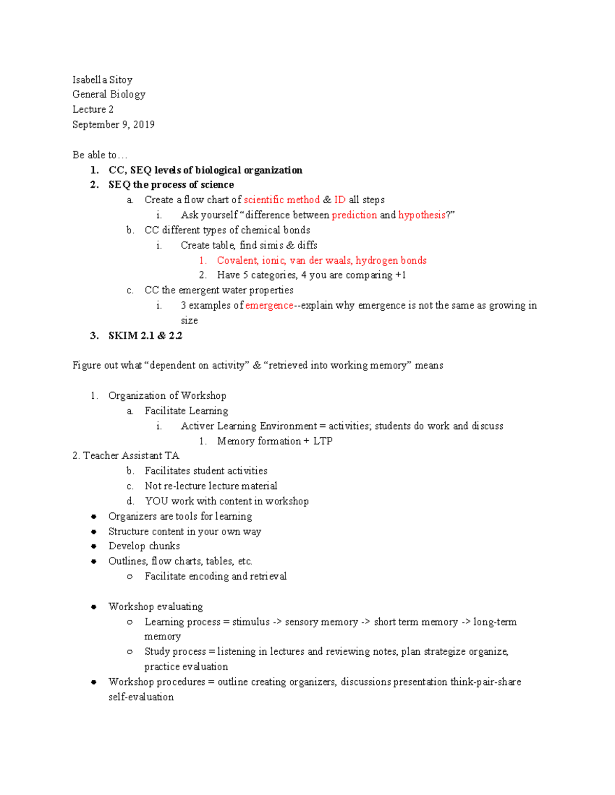 General Biology 1 - Lecture 2 Notes on Biological Concepts and Methods ...