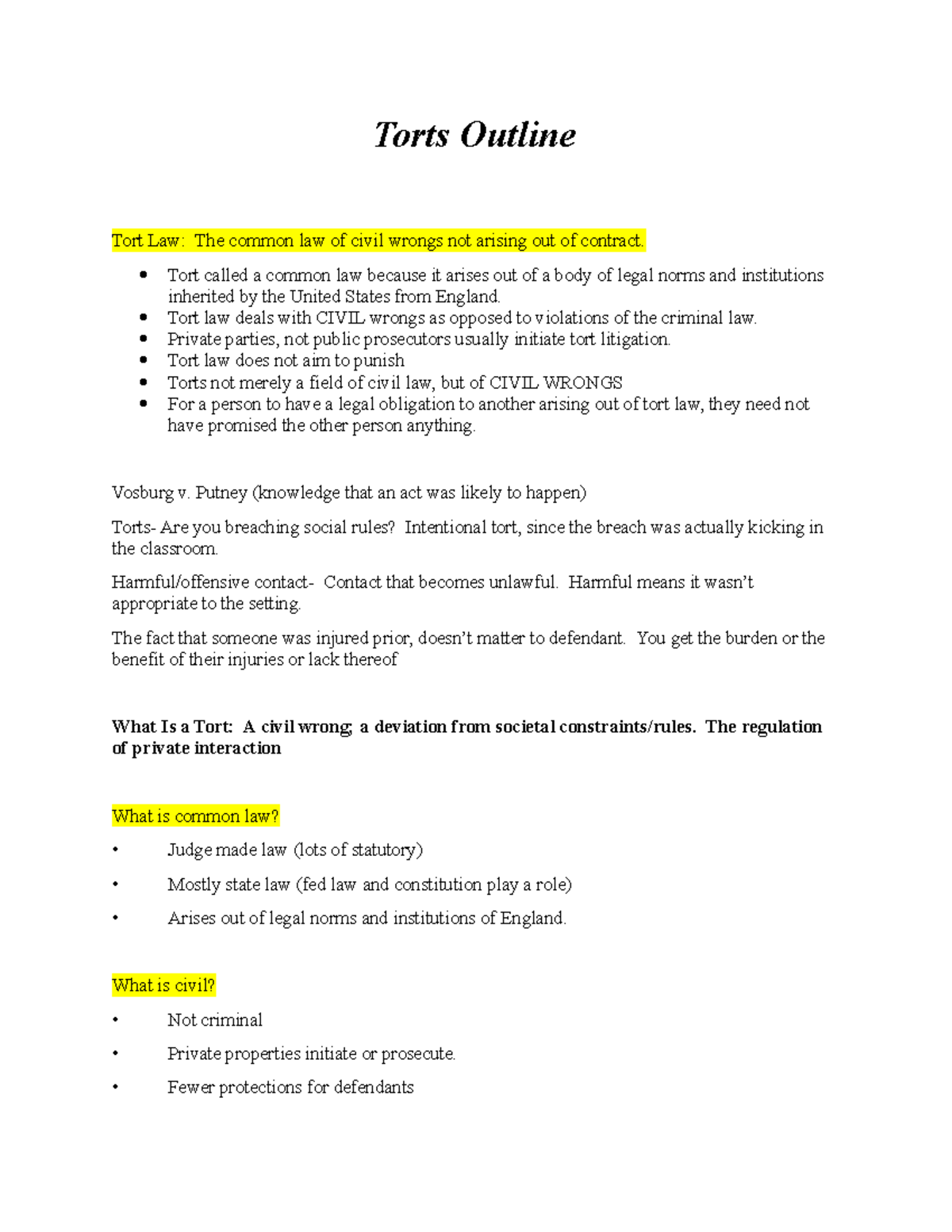 Torts Law Summary: Key Principles & Case Analyses - Studocu