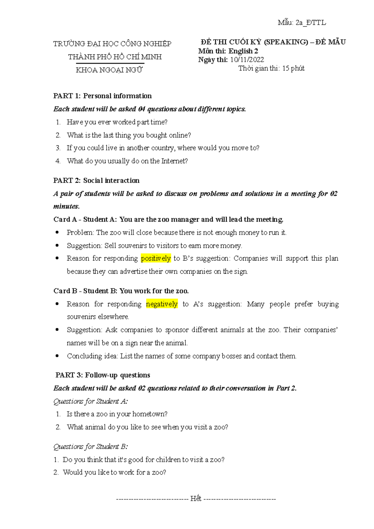 English 2 Sample Final Speaking Test - Mẫu 2a_ĐTTL - Studocu
