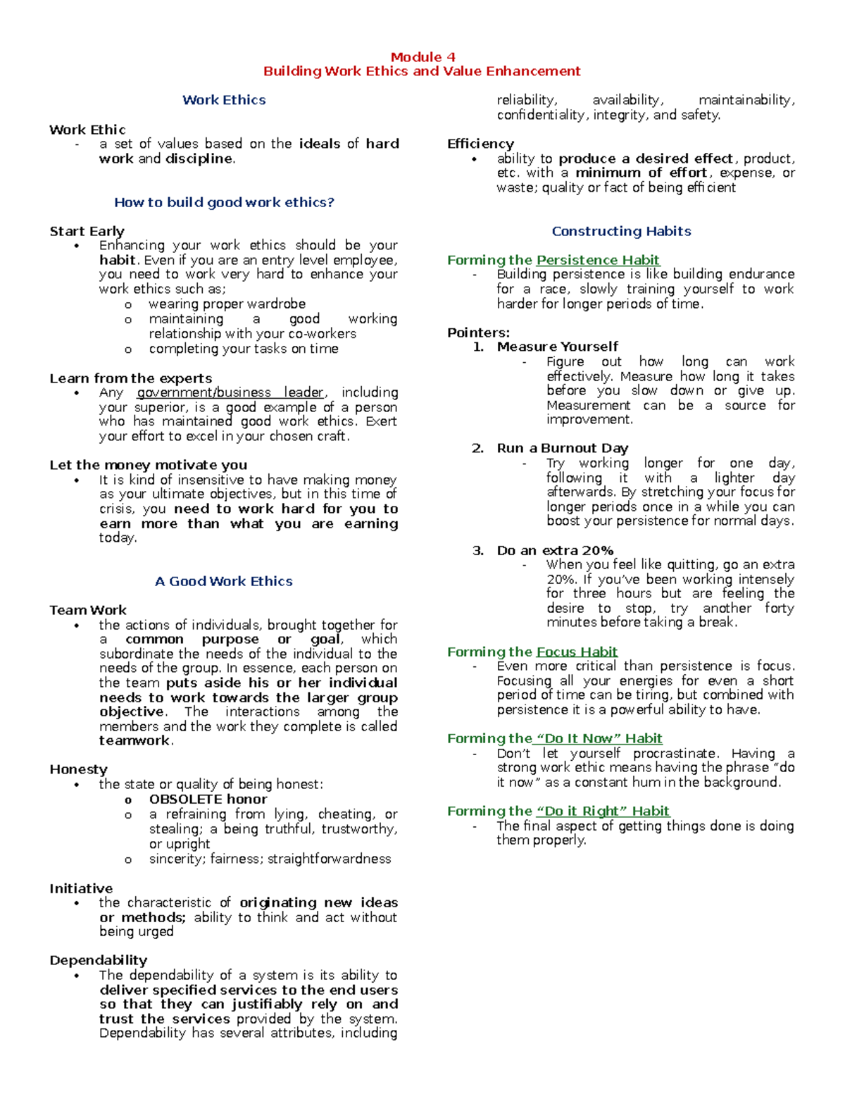 Module 4 - Enhancing Work Ethics and Values for Success - Studocu