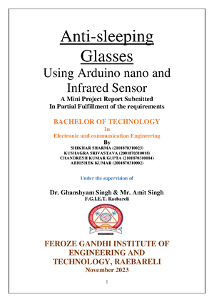 B.Tech Project Report: Anti-Sleeping Glasses Using Arduino Nano & IR ...