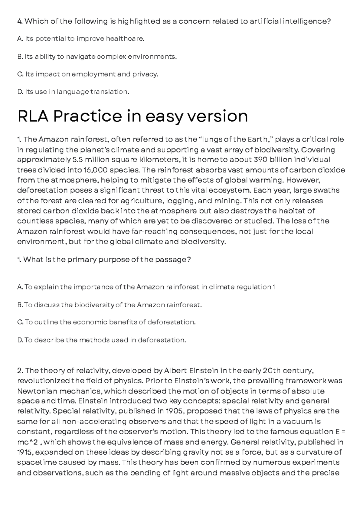 RLA Practice Questions: Concerns in AI, Amazon Rainforest, and Literary ...