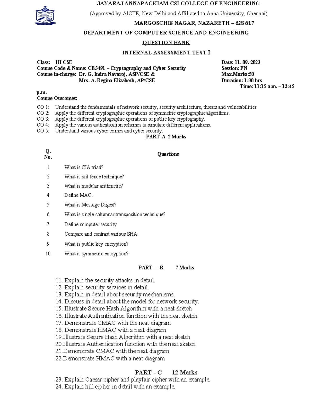 IAT- I - Question paper - iAT - FORM NO.: F JAYARAJ ANNAPACKIAM CSI ...