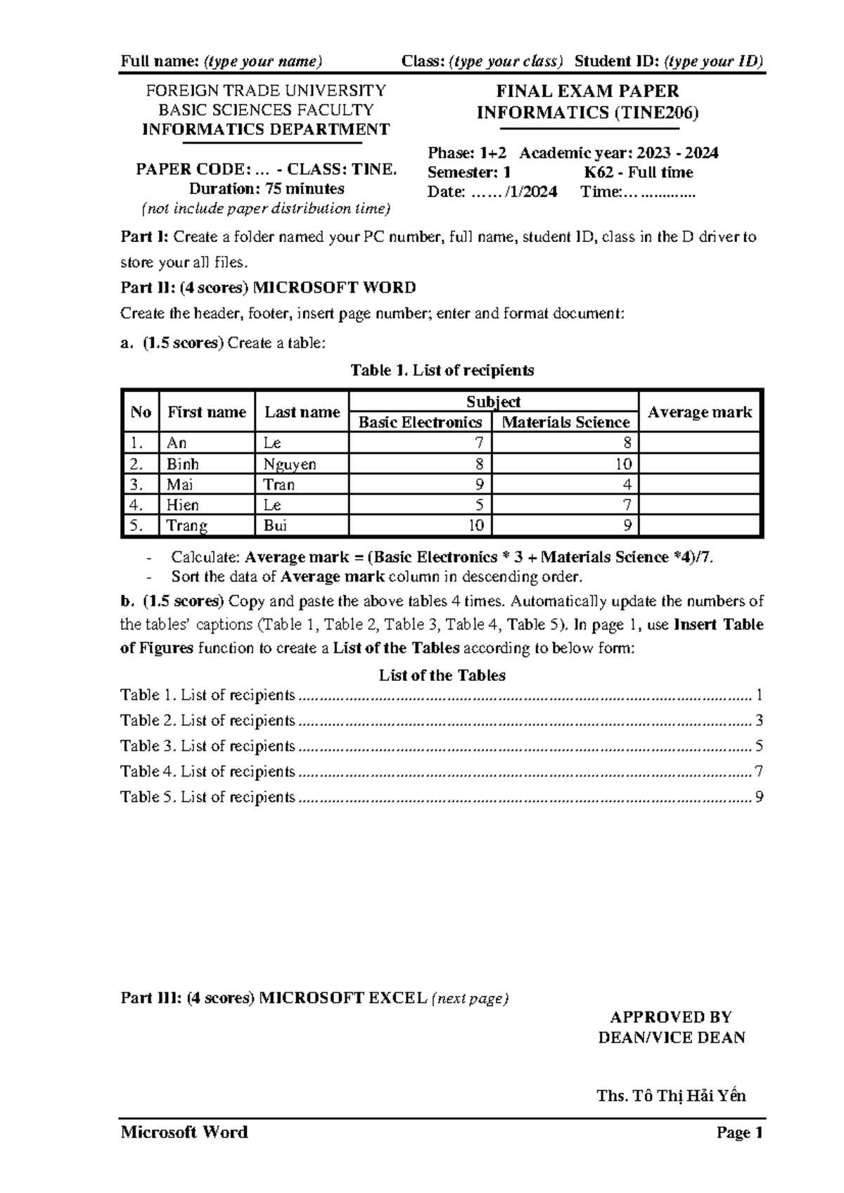 Final Exam - Informatics TINE206 - Word & Excel Instructions - Studocu