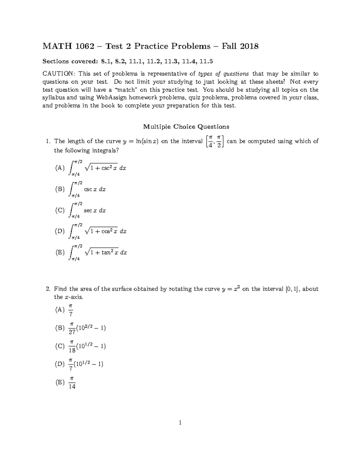 MATH 1062 – Test 2 Practice Problems – Fall 2018 - Studocu