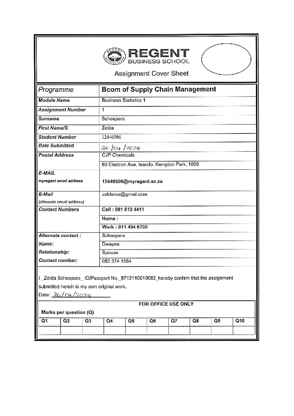 Bcomscm - Business Statistics Assignment 1 - 12446506 - MEGEN REGENT ...