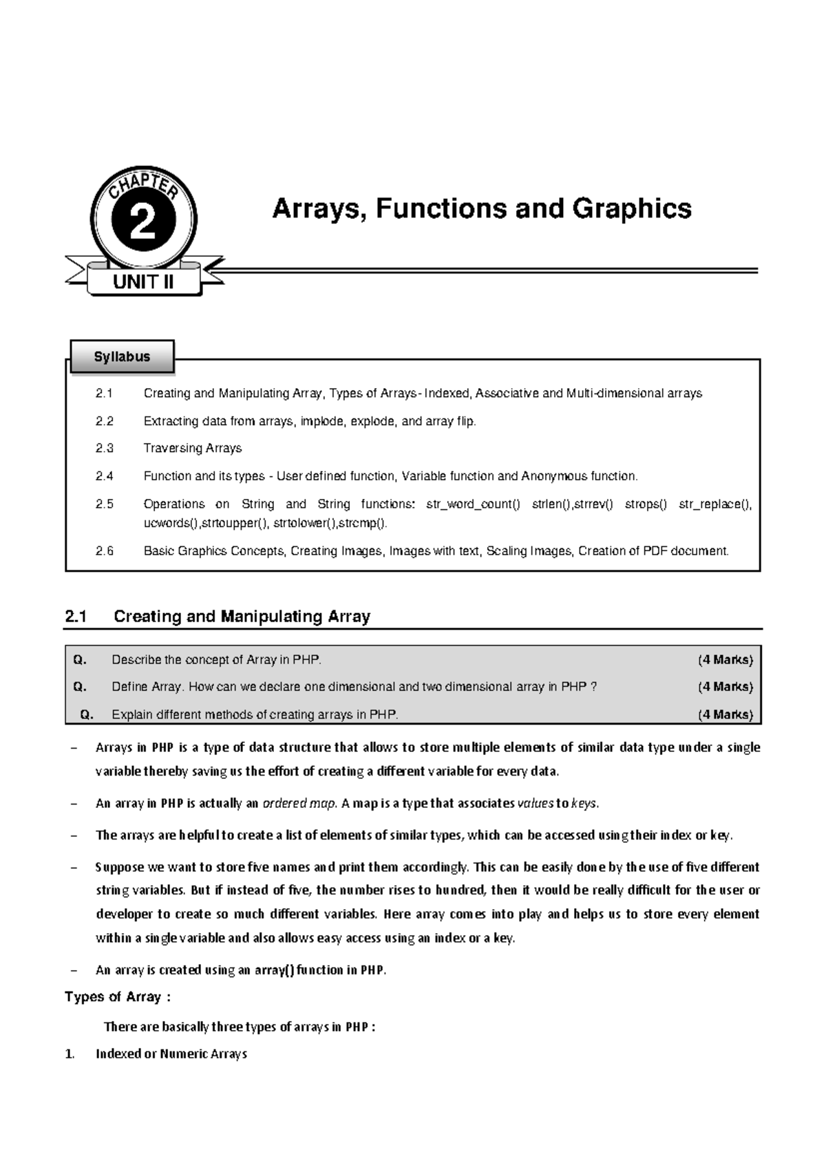 Unit II: PHP Arrays, Functions, and Graphics Overview - Studocu