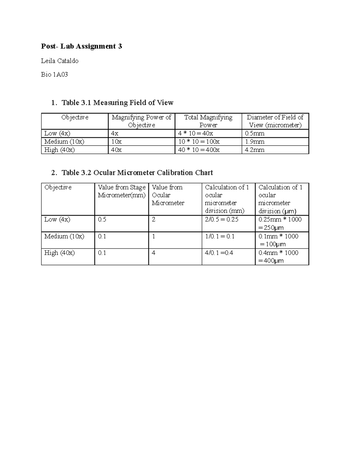 Post Lab Assignment 3 - Bio 1A03 - Measuring Field of View - Studocu