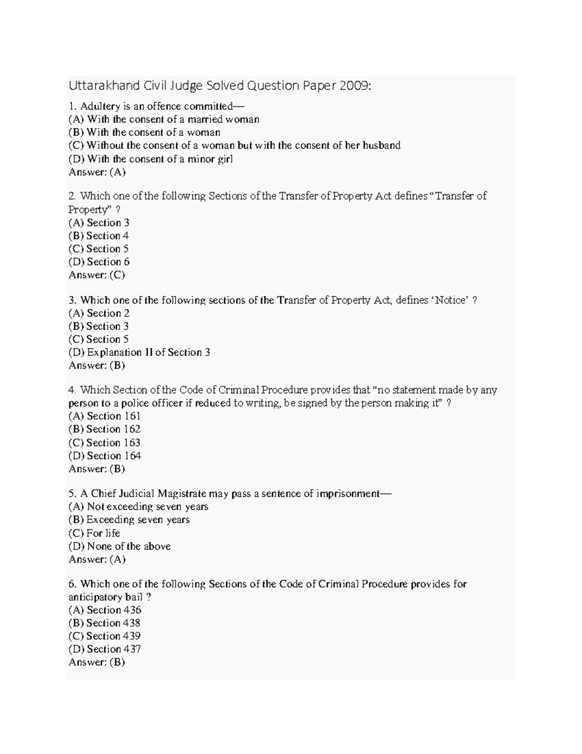 Uttarakhand Civil Judge Solved Question Paper 2009 - Comprehensive ...