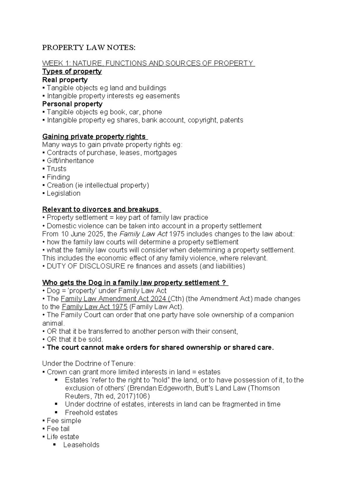 PROPERTY LAW NOTES 2025: WEEK 1 - NATURE & SOURCES OF PROPERTY - Studocu