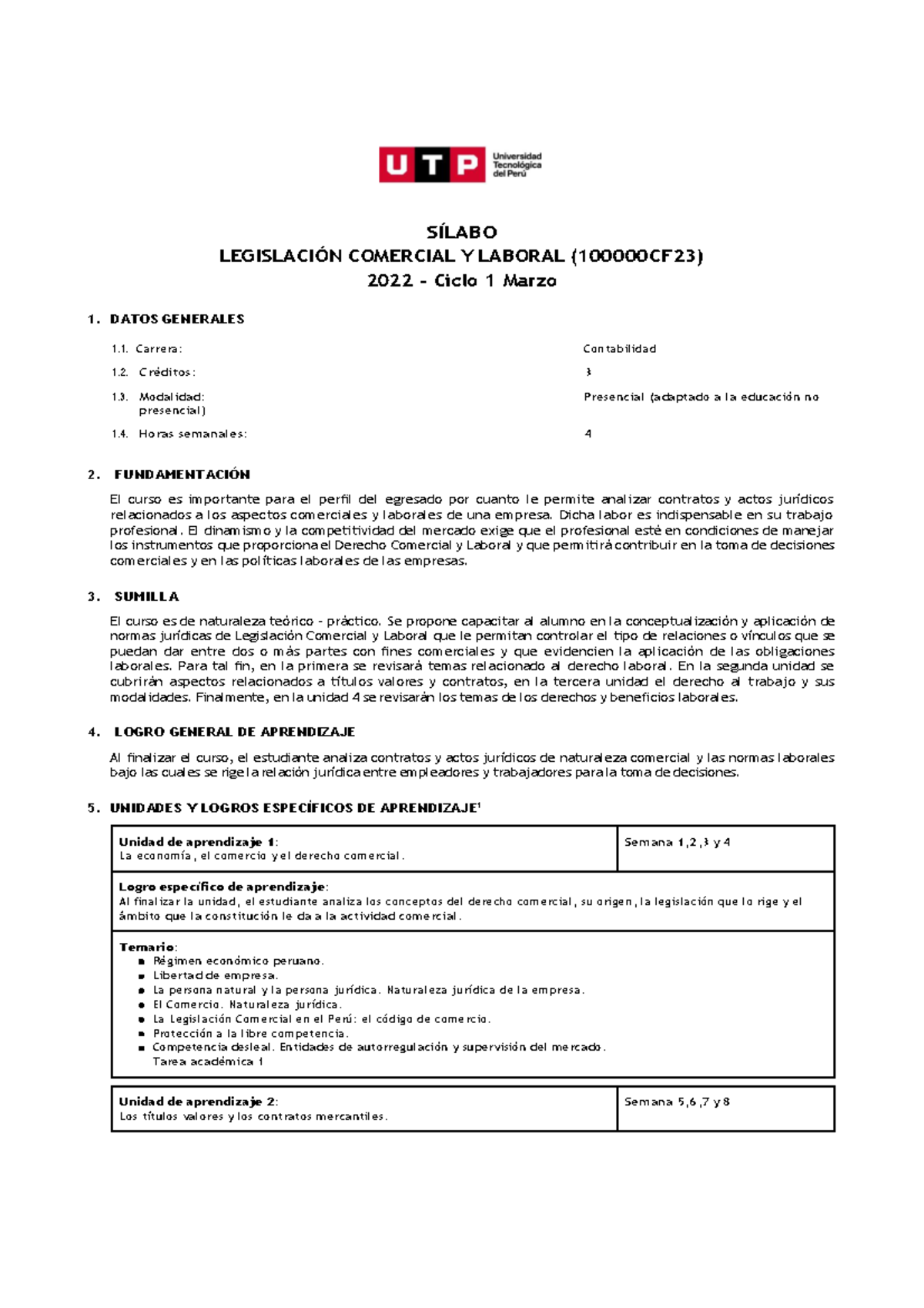 Sílabo de Legislación Comercial y Laboral - 100000 CF23 - Document Preview