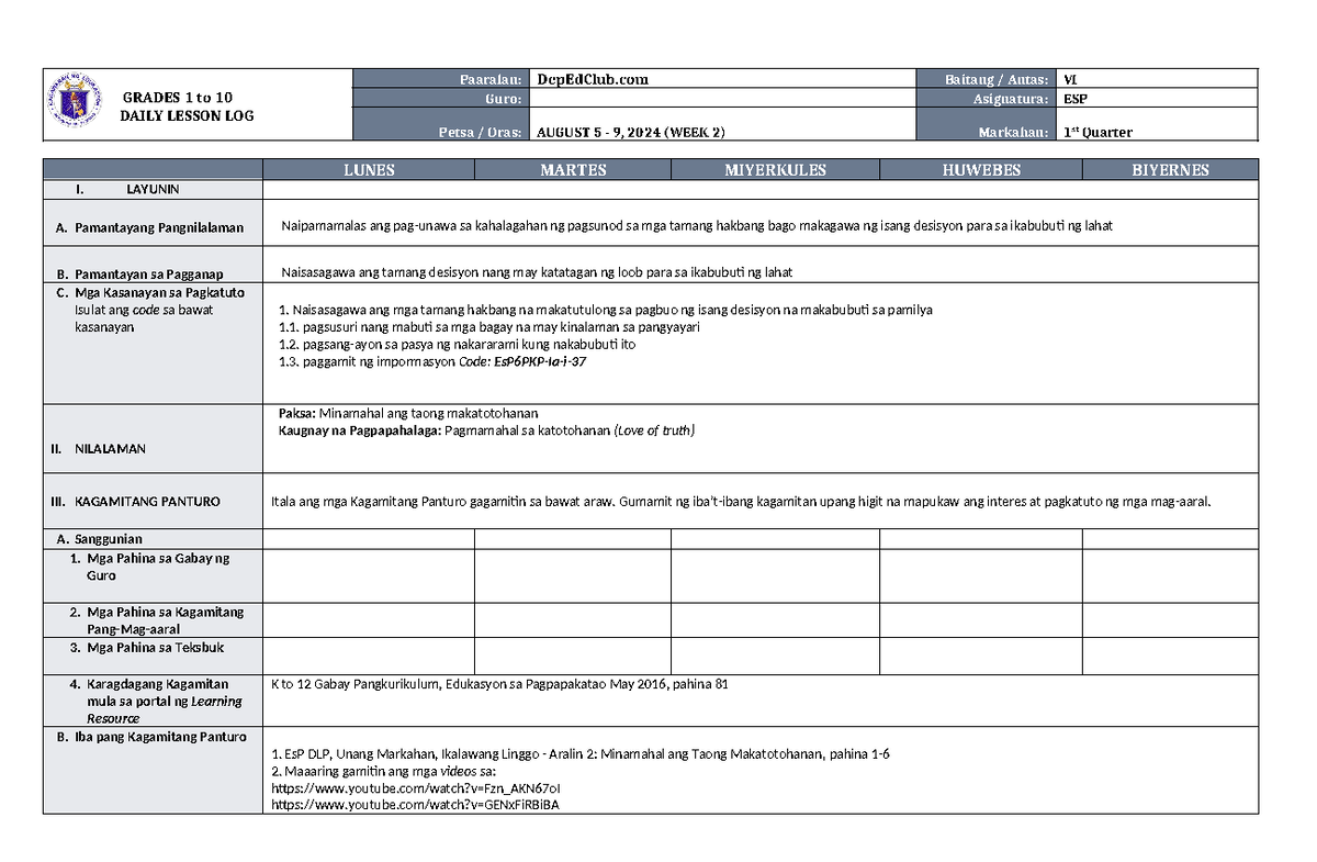 DLL ESP 6 Q1 W2 - Daily Lesson Log for Grade VI: Week 2 - Studocu
