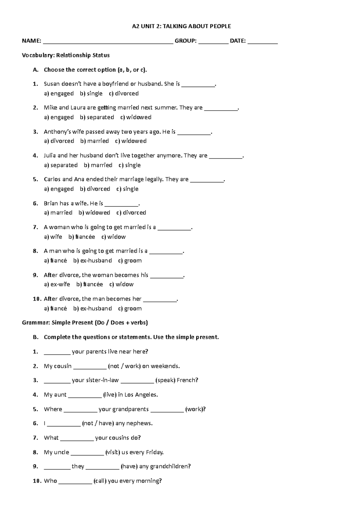 A2 UNIT 2: VOCABULARY & GRAMMAR ON RELATIONSHIPS AND TWINS - Studocu