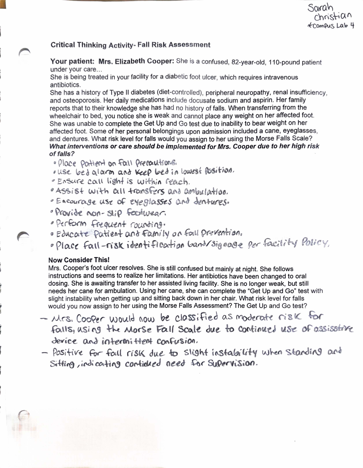 Sarah Christian Lab 4: Fall Risk Assessment for Mrs. Cooper - Studocu