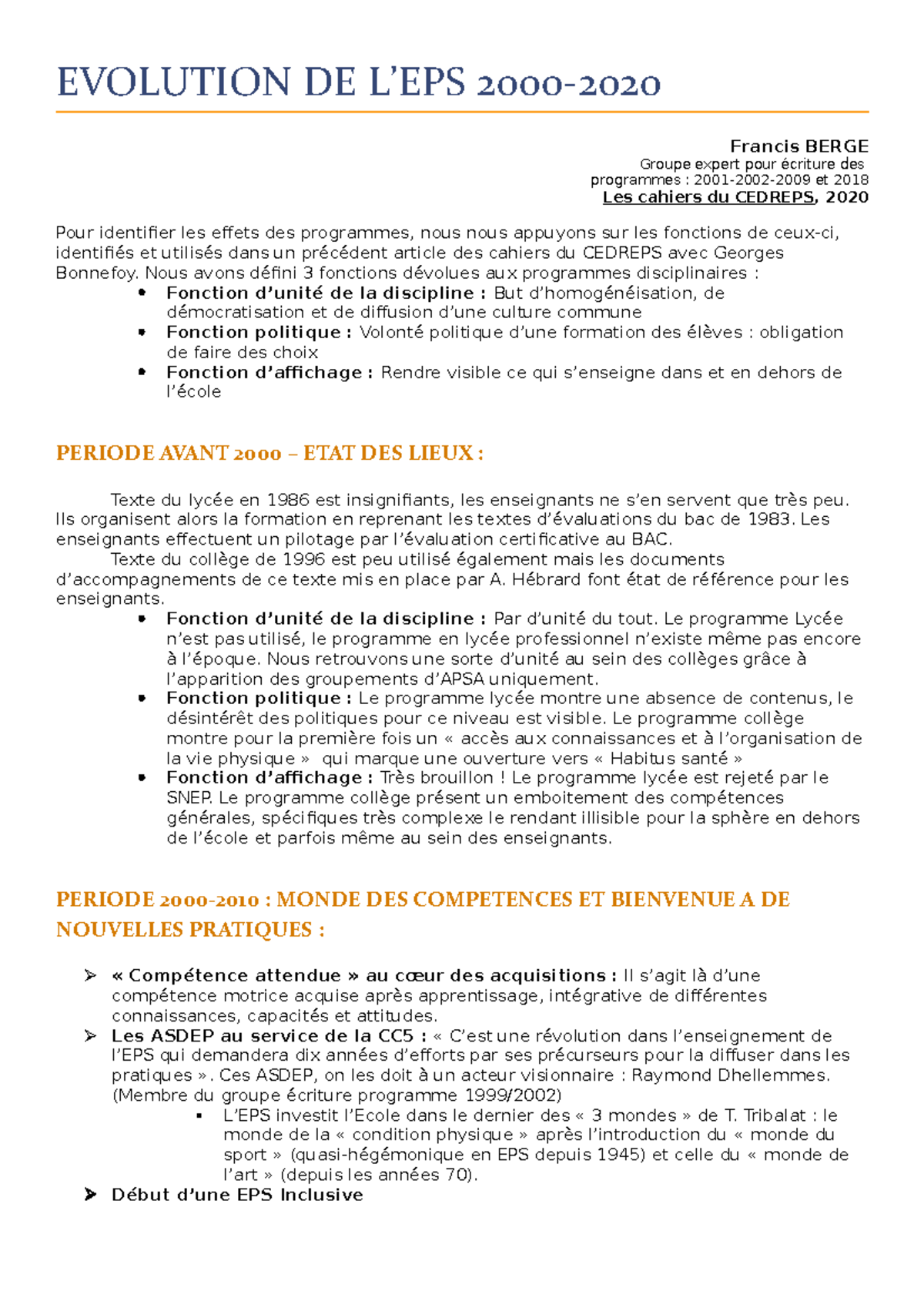 évolution Des Programmes Eps 2000 2020 Analyse Et Perspectives Studocu