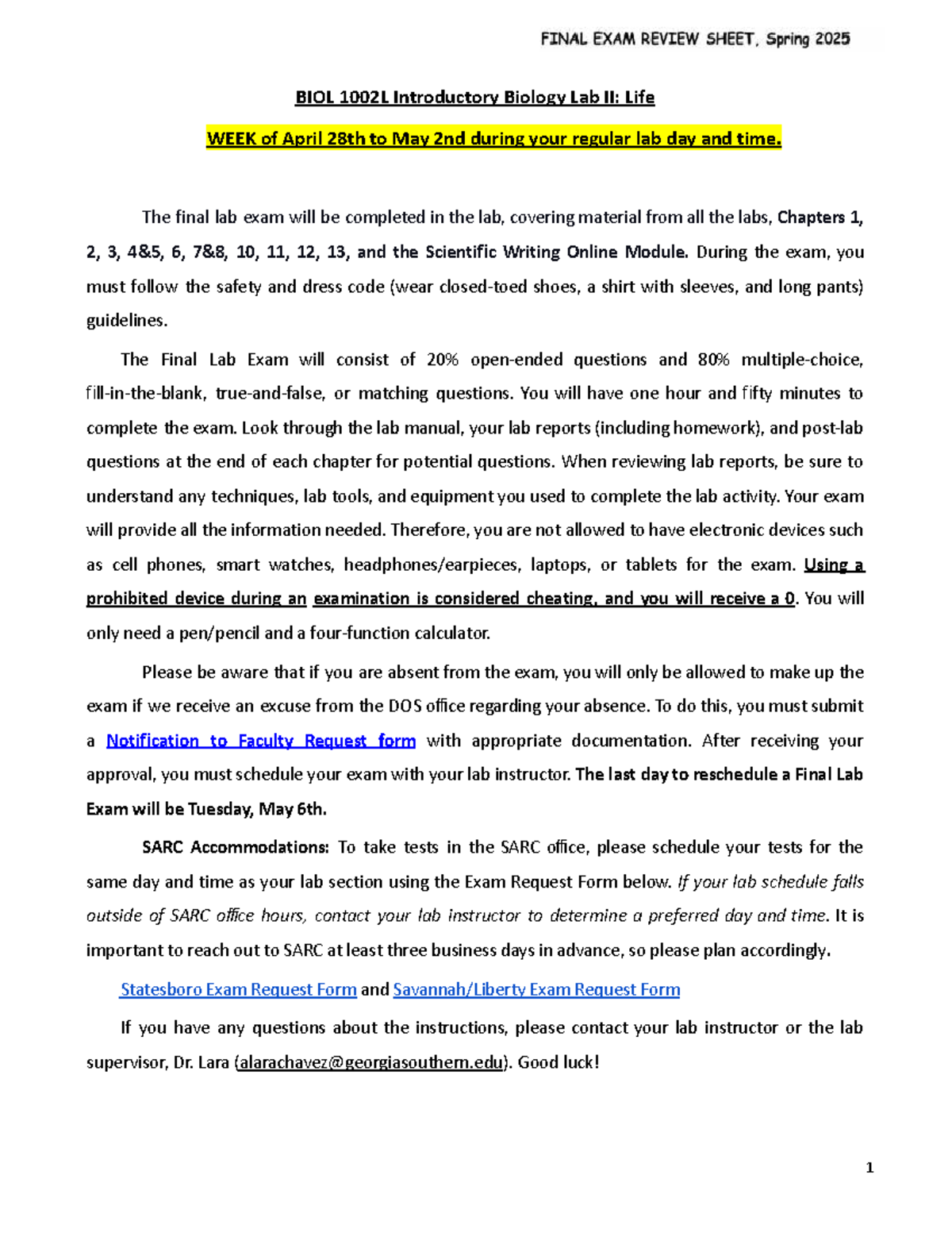 BIOL 1002L Final Lab Exam Study Guide: Key Concepts and Techniques ...