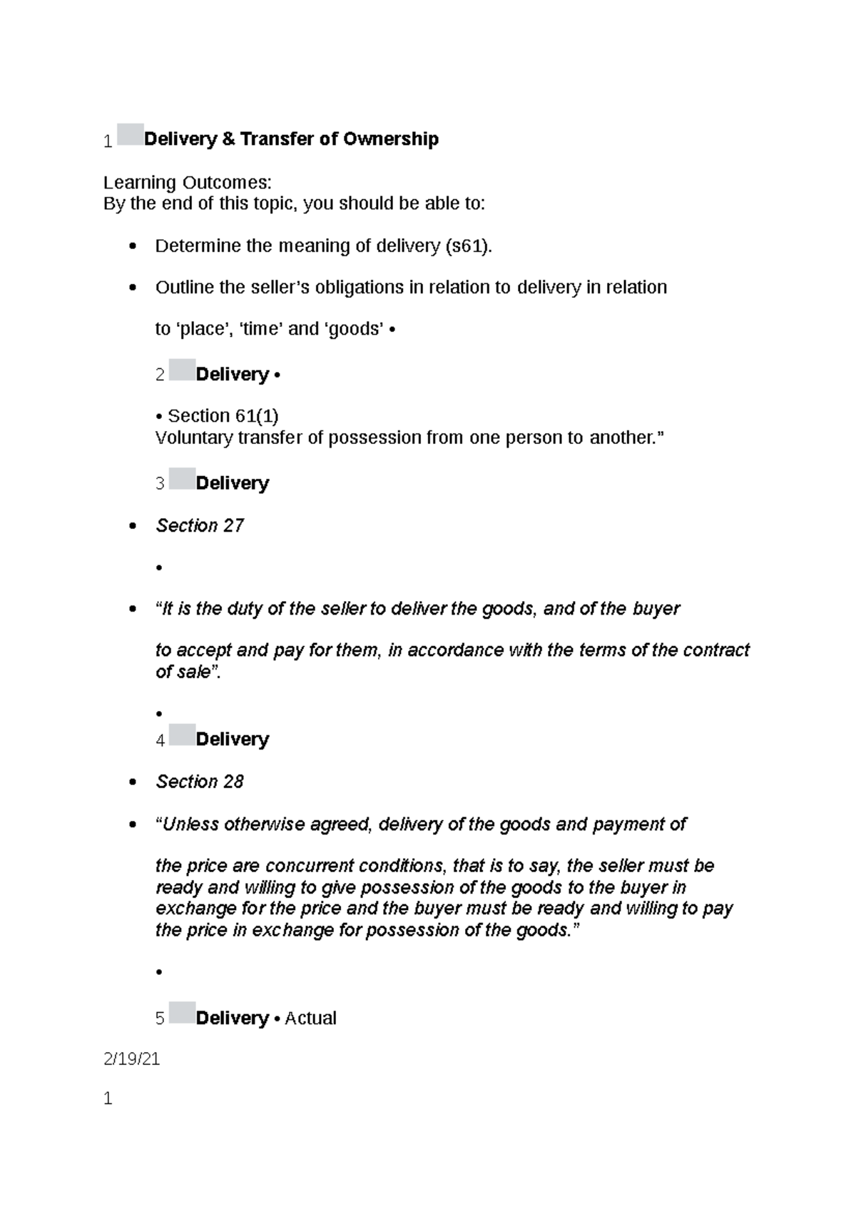 Delivery - commercial - 1 Delivery & Transfer of Ownership Learning ...