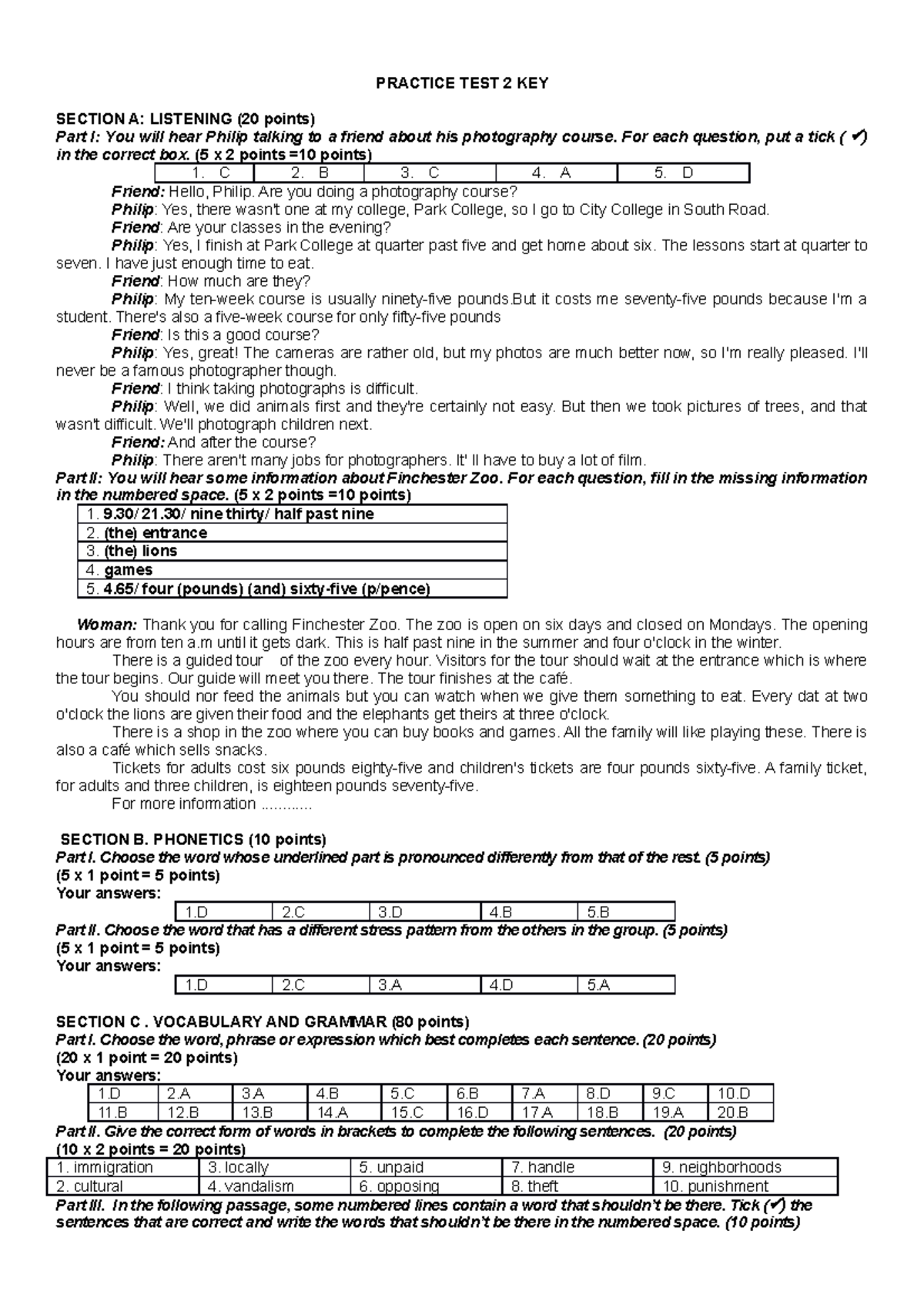 Practice Test 2 Key - English for Students and Learners Exam Guide ...