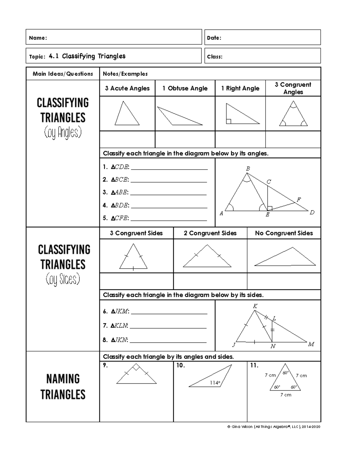 4.1 Classifying Triangles Notes - Main Ideas/Questions Notes/Examples ...
